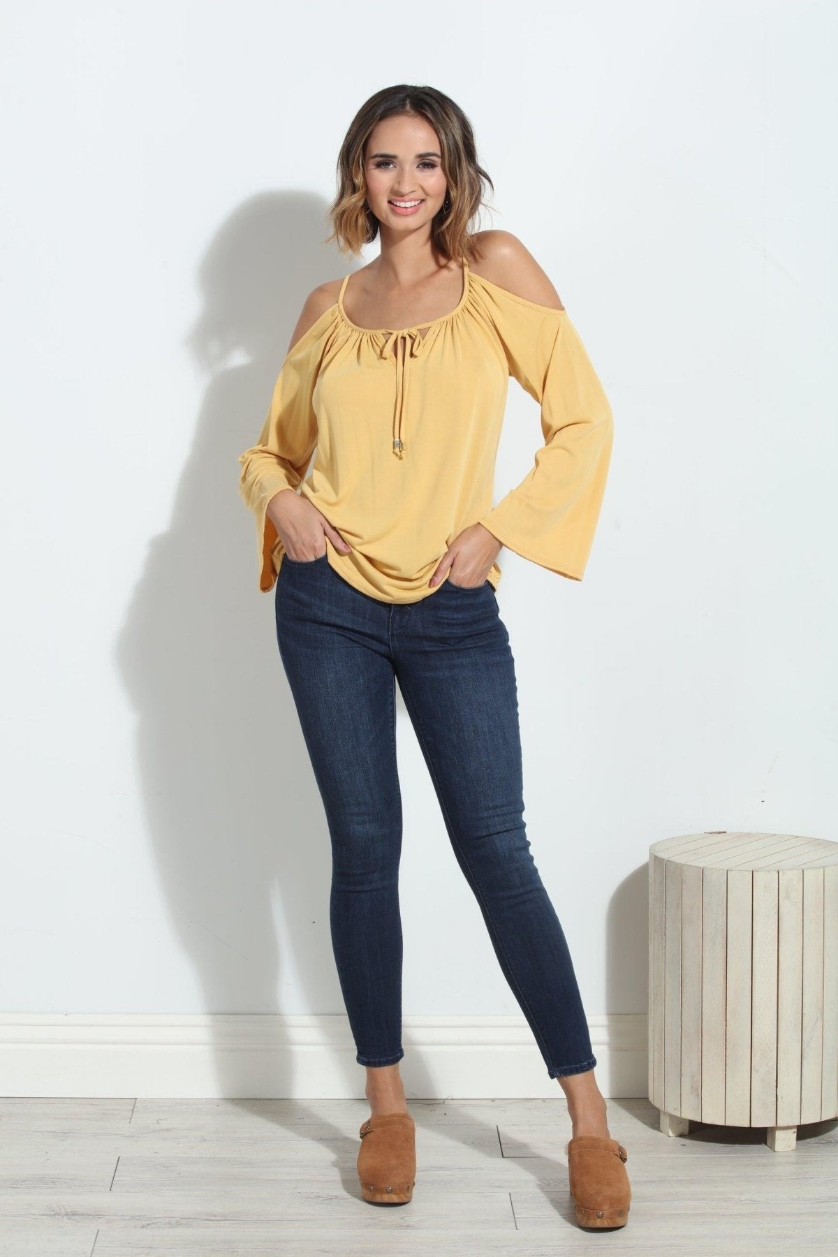 Mustard Cupro Cold Shoulder Top-FINAL SALE