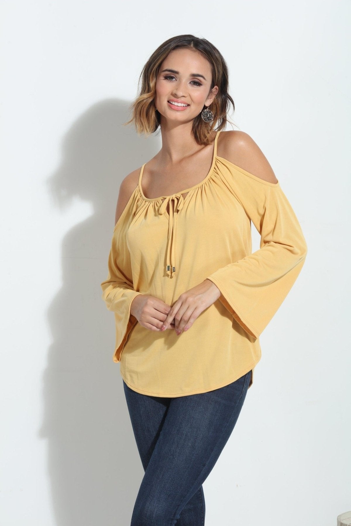 Mustard Cupro Cold Shoulder Top-FINAL SALE
