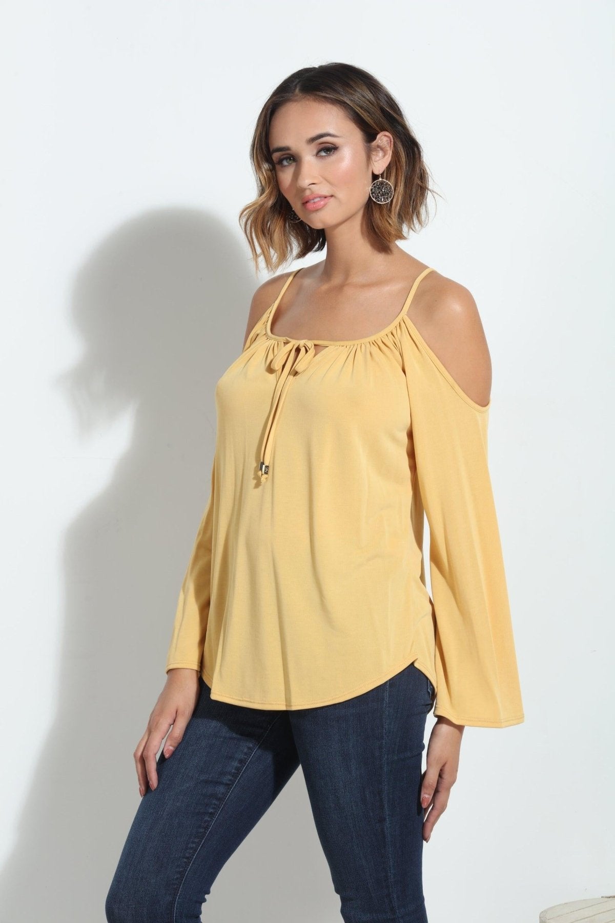 Mustard Cupro Cold Shoulder Top-FINAL SALE