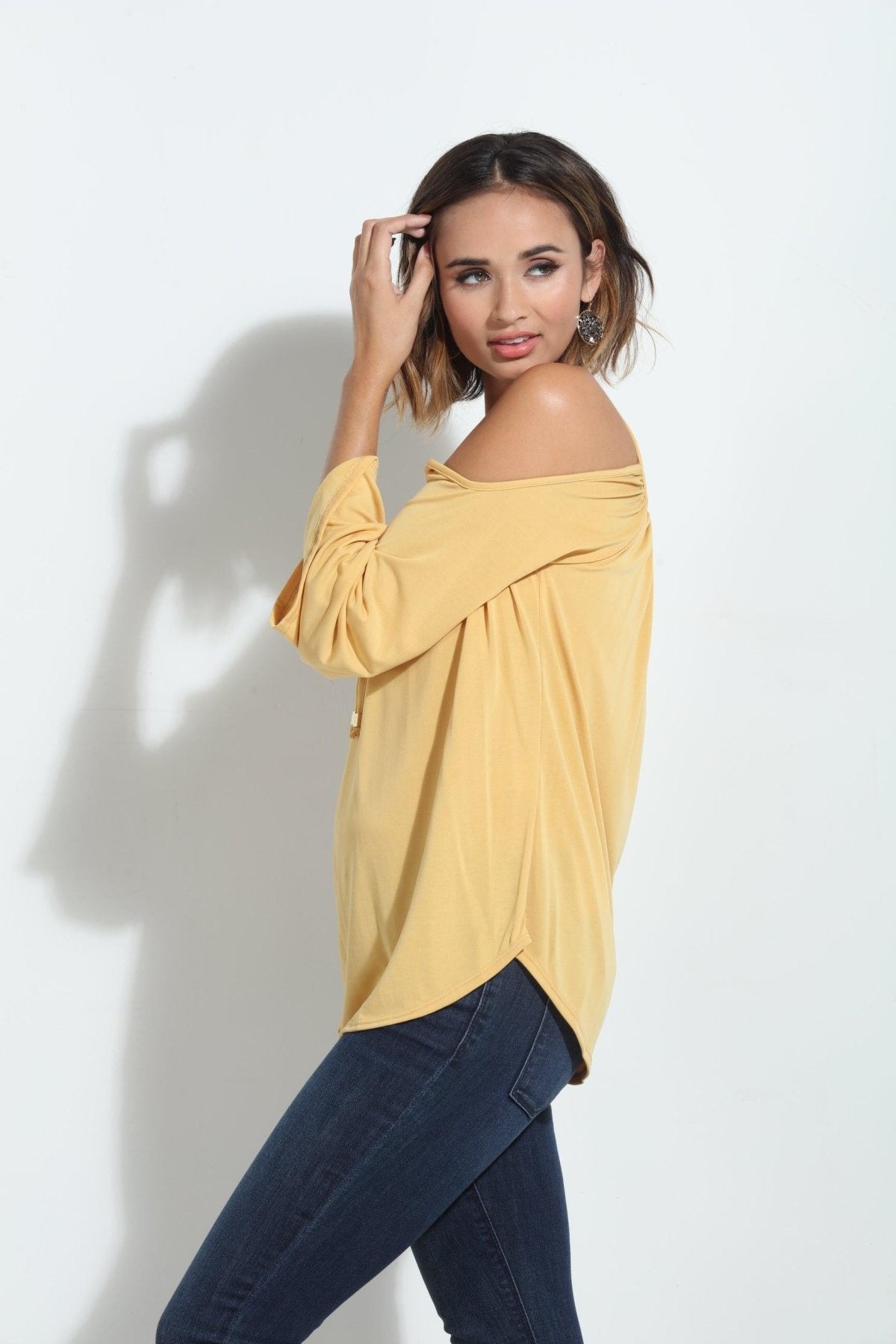 Mustard Cupro Cold Shoulder Top-FINAL SALE