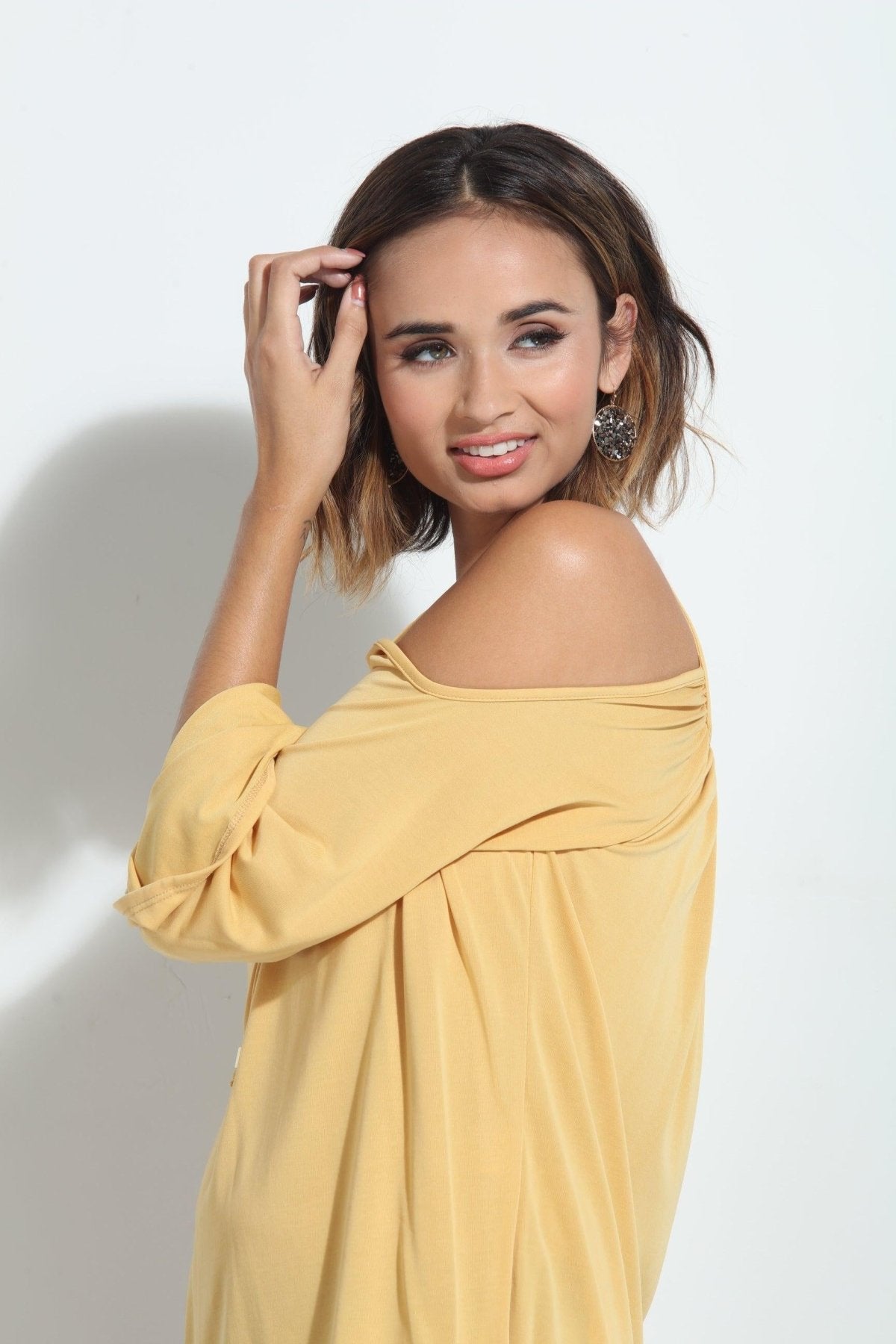 Mustard Cupro Cold Shoulder Top-FINAL SALE