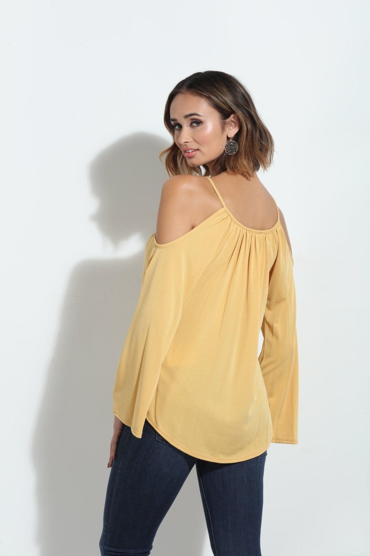 Mustard Cupro Cold Shoulder Top-FINAL SALE
