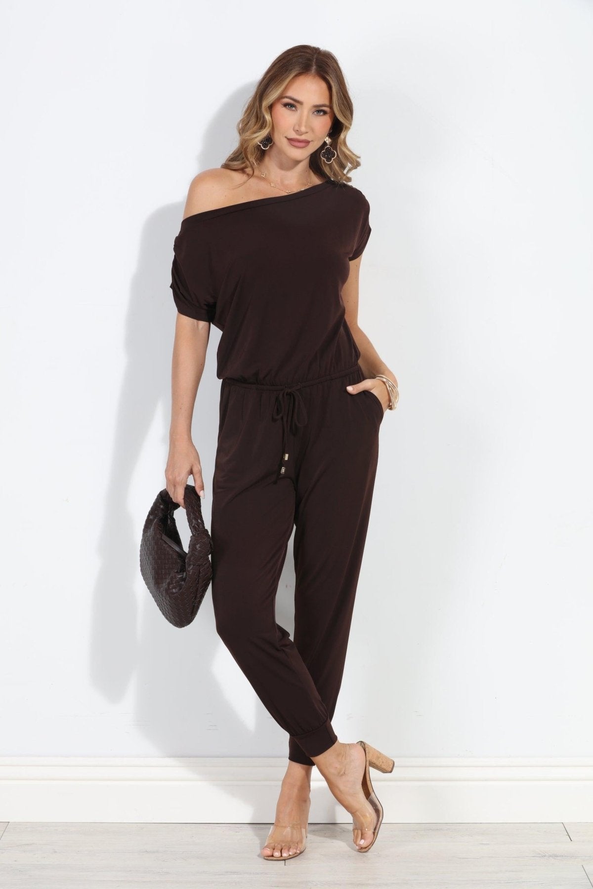 Chocolate ITY Off The Shoulder Jumpsuit-BEST SELLER