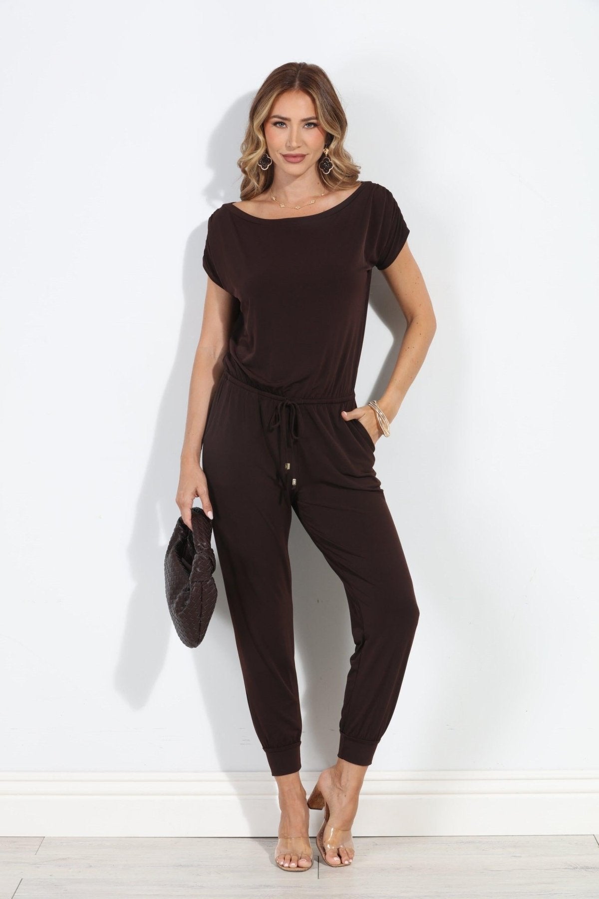 Chocolate ITY Off The Shoulder Jumpsuit-BEST SELLER