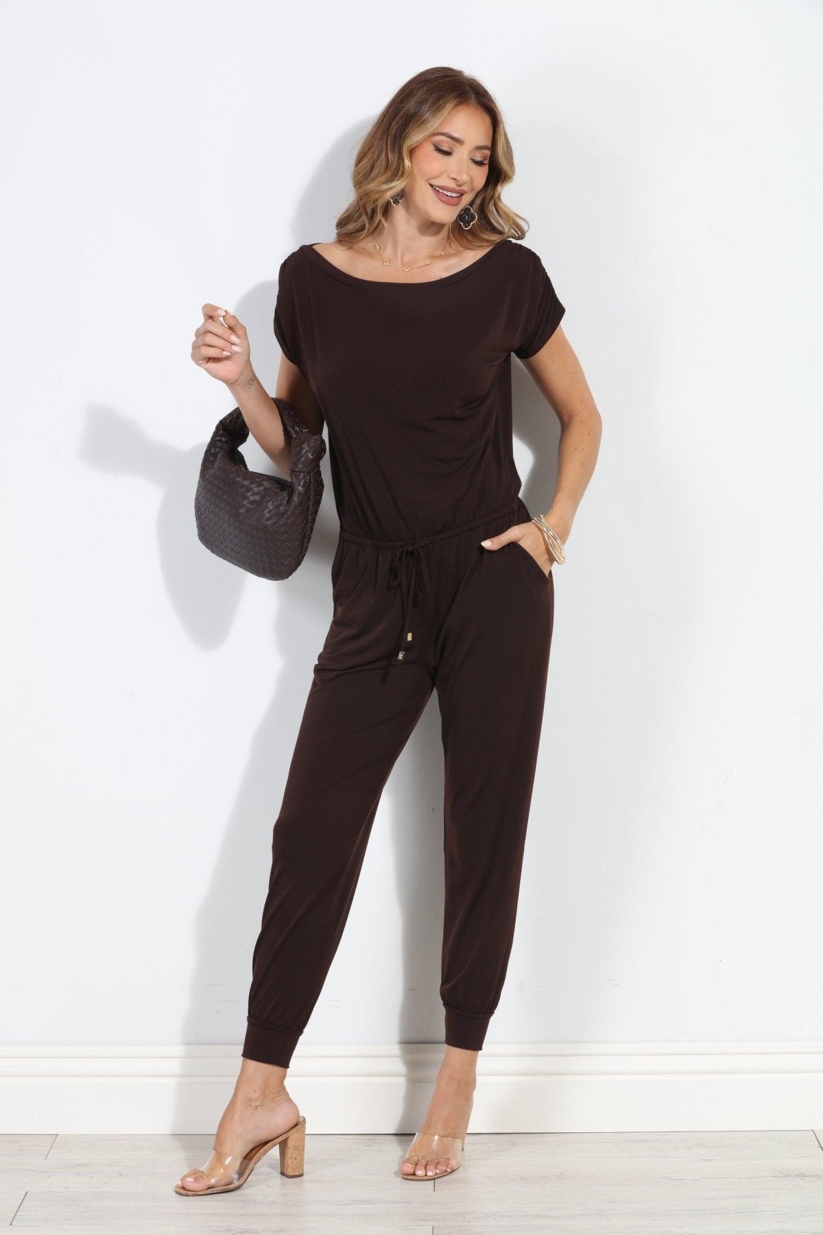 Chocolate ITY Off The Shoulder Jumpsuit-BEST SELLER
