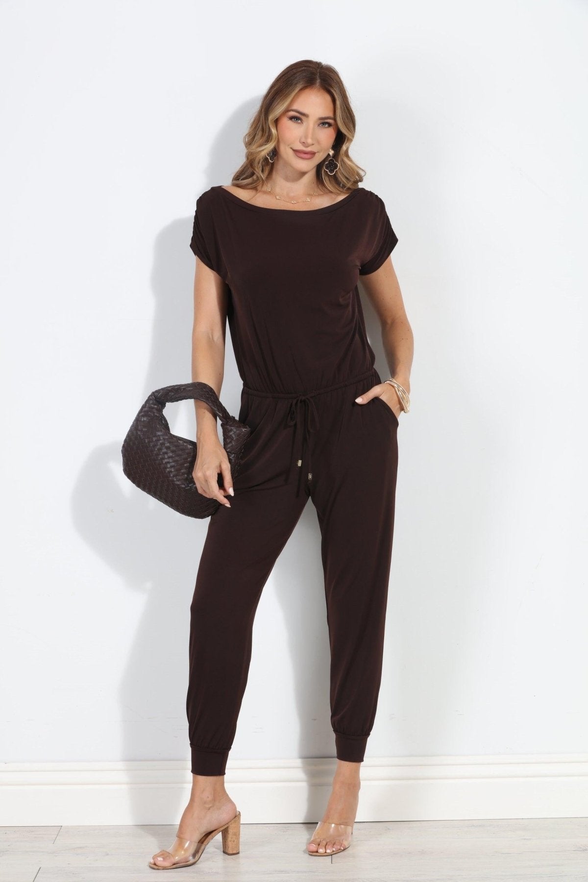 Chocolate ITY Off The Shoulder Jumpsuit-BEST SELLER