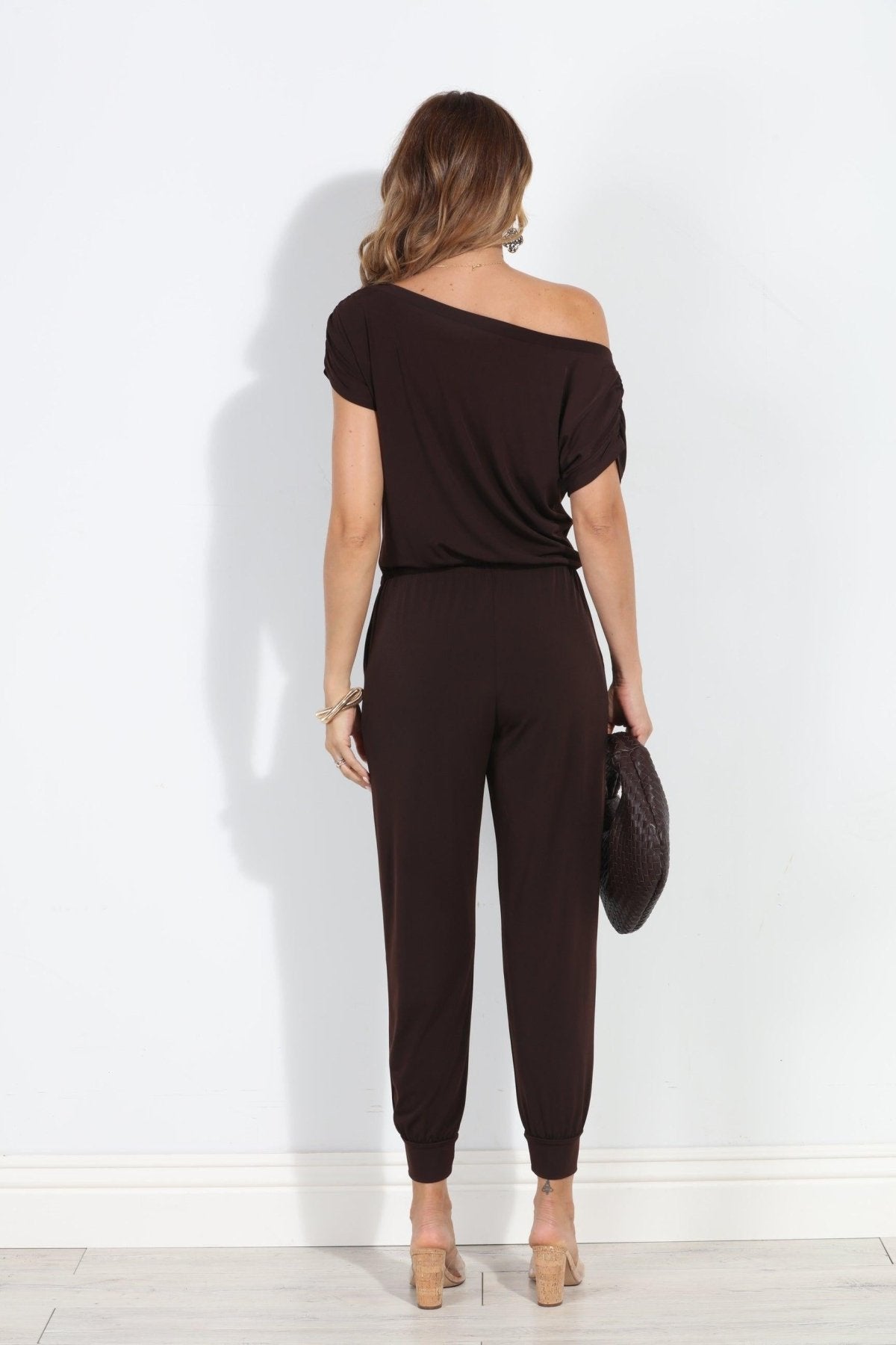 Chocolate ITY Off The Shoulder Jumpsuit-BEST SELLER