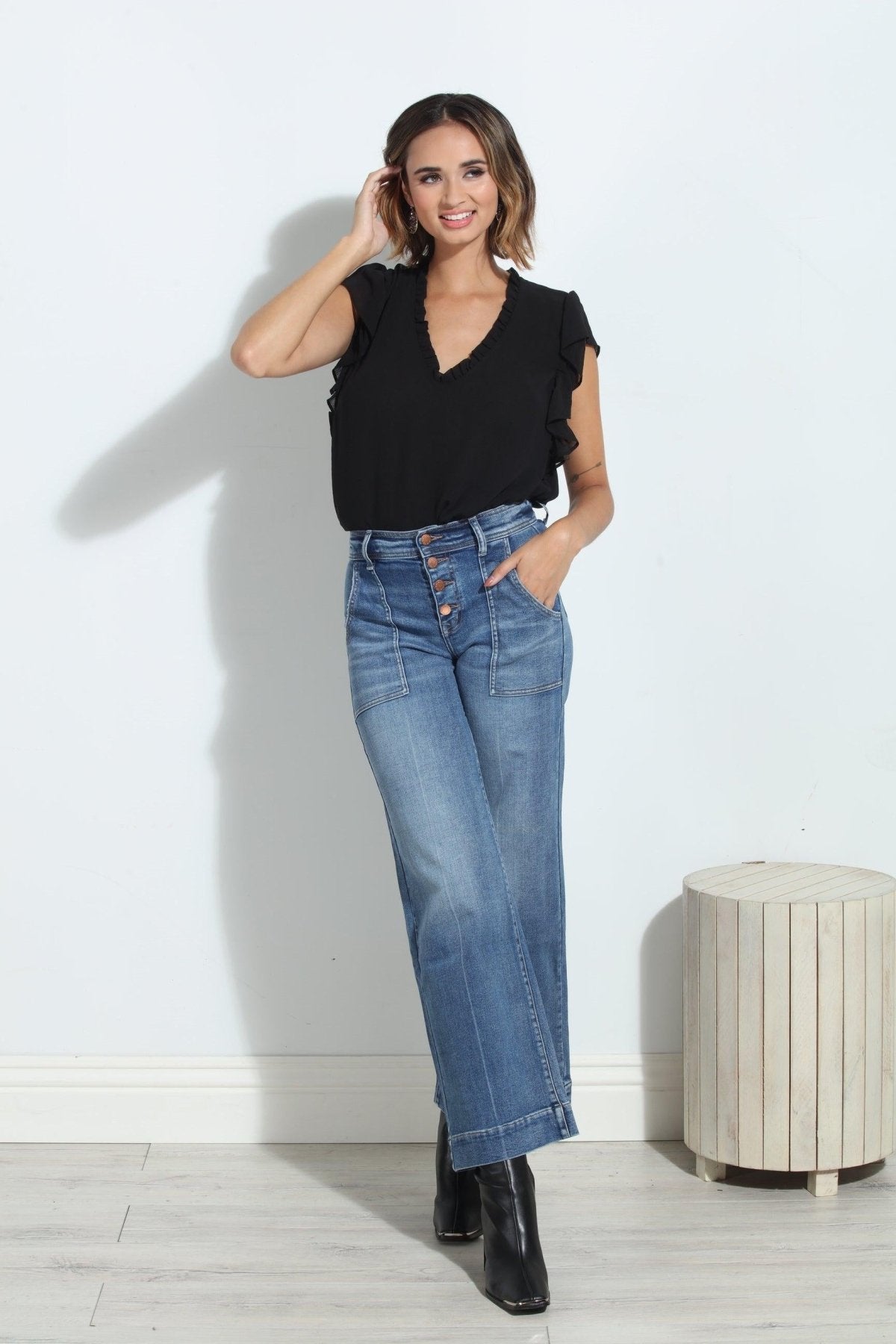 Black V-Neck Ruffle Tee-BEST SELLER