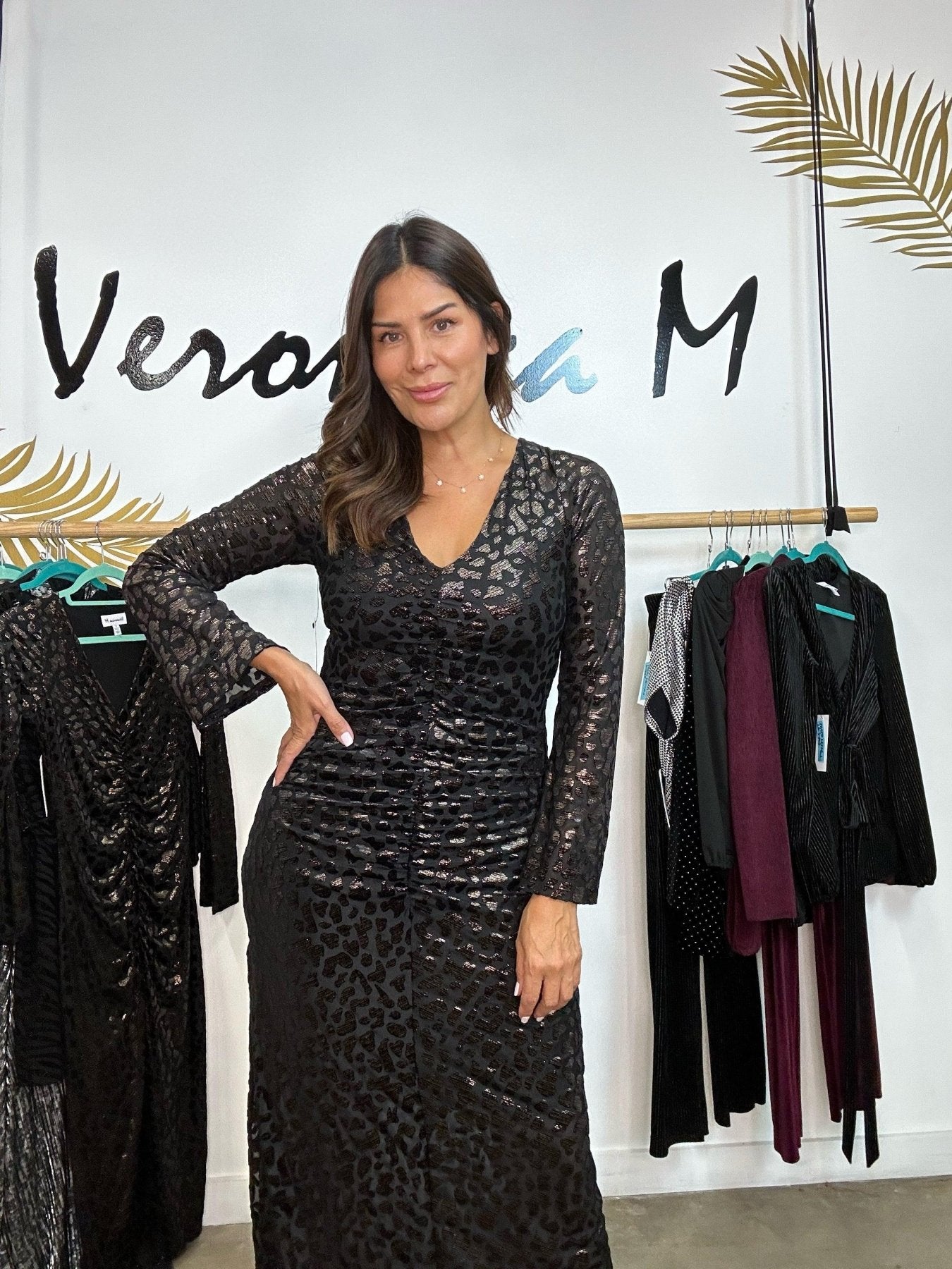 Layla Velvet V-Neck Shirred Midi Dress