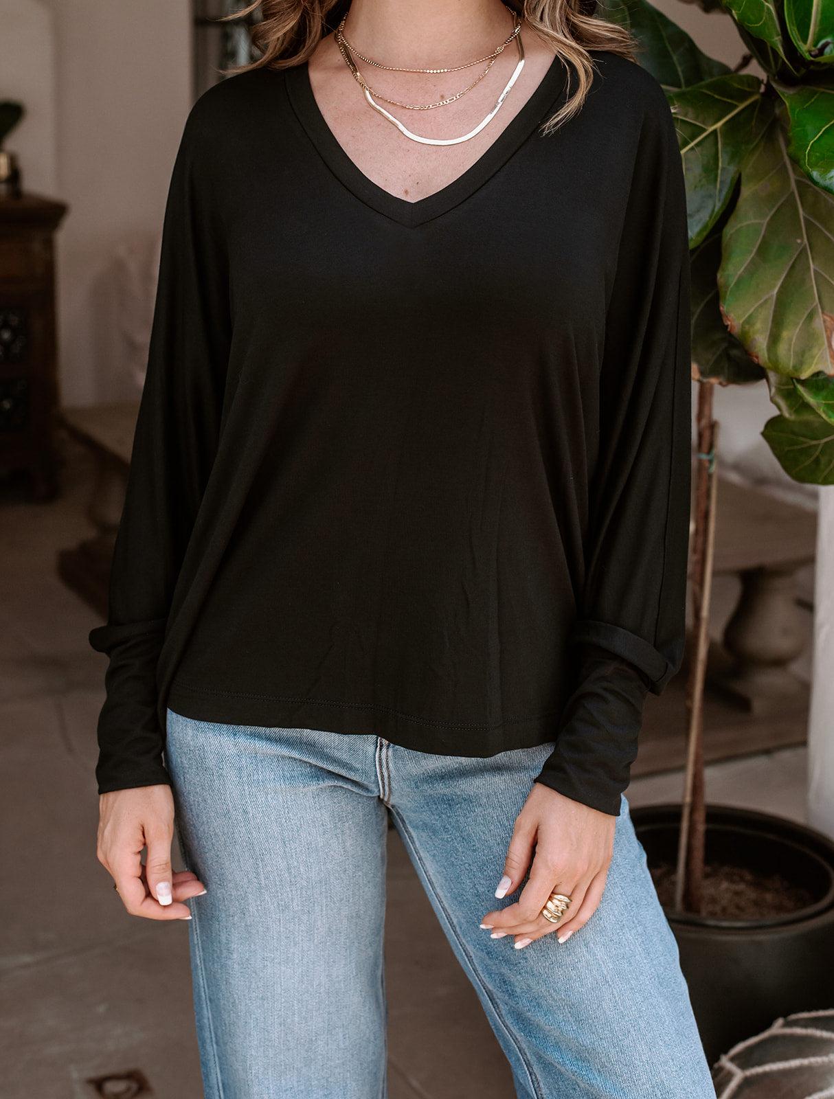 Black Modal V-Neck Long Sleeve Top - Final sale