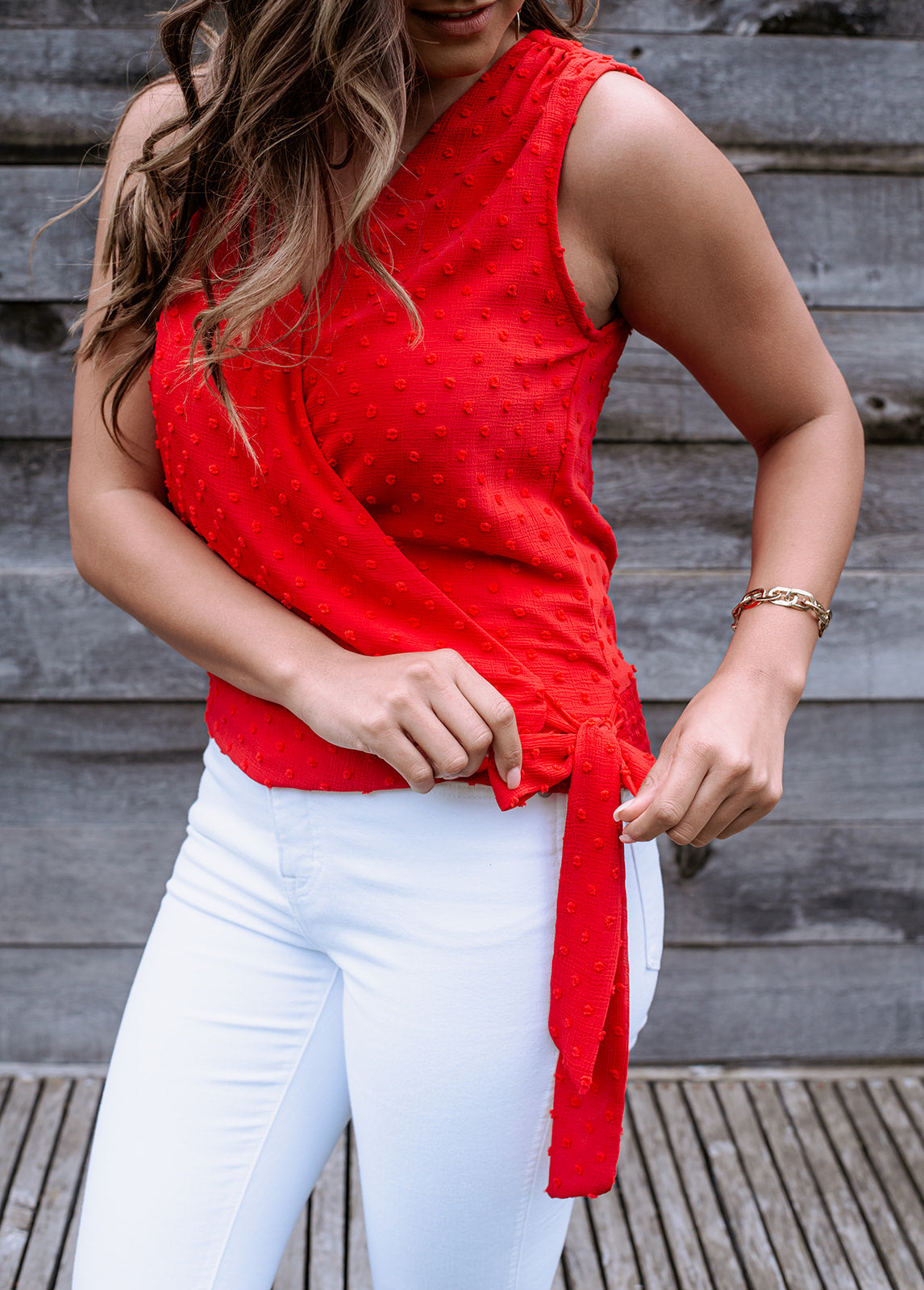 Red Swiss Dot Wrap Blouse-FINAL SALE