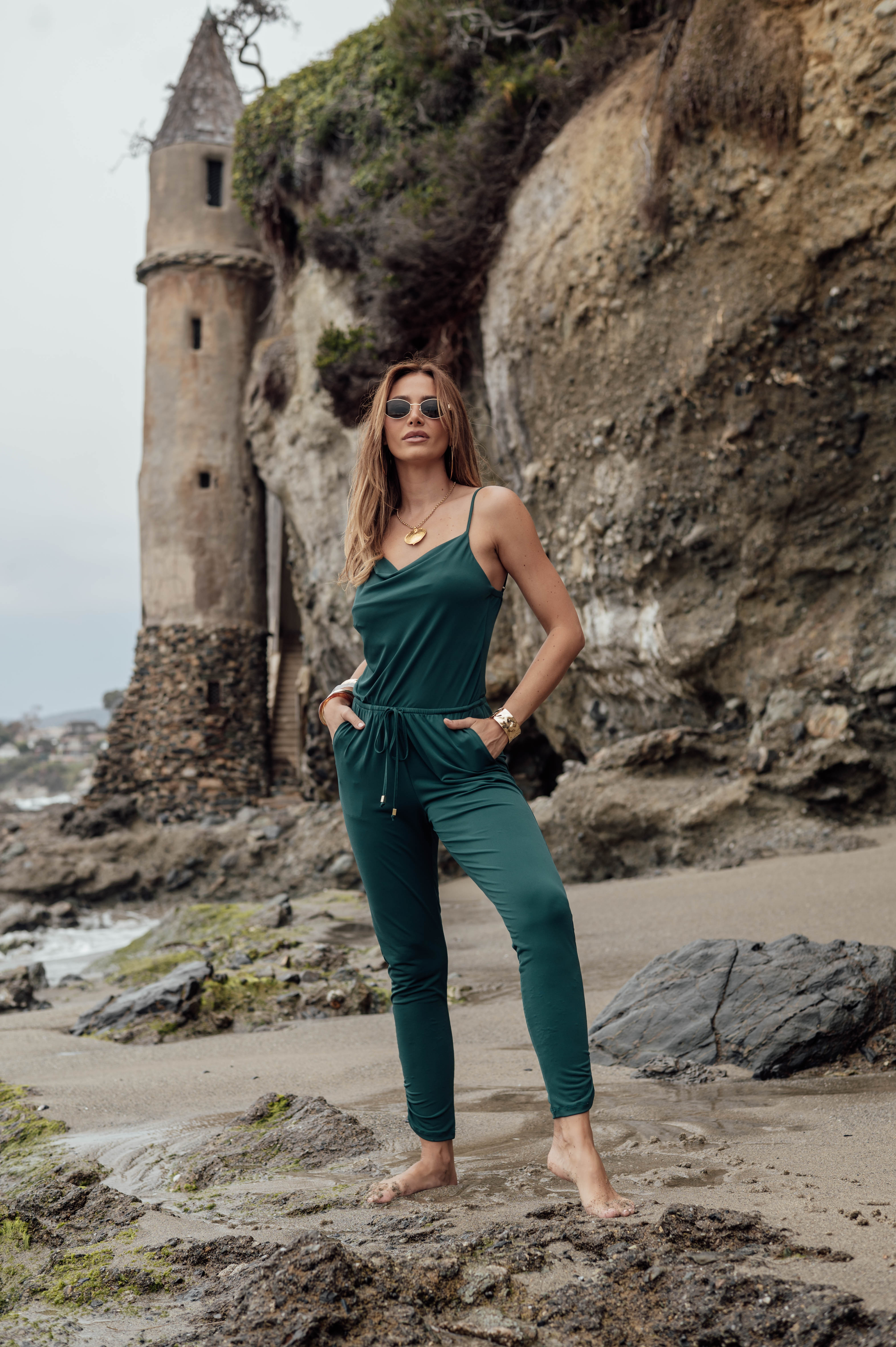 Hunter Green Cowl Neck Stretch Jumpsuit
