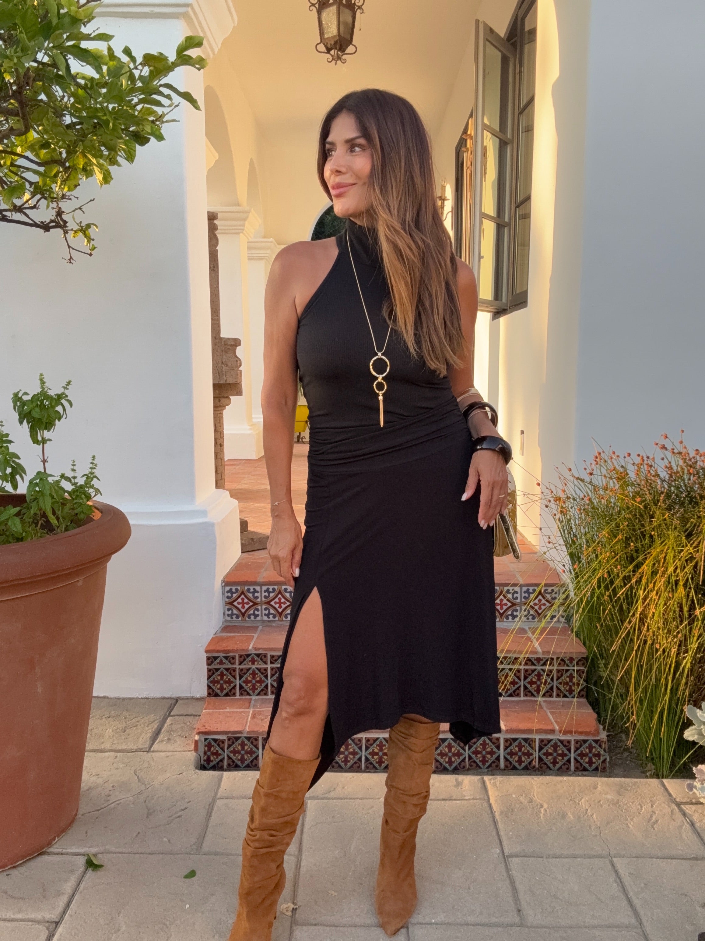 Black Lux Ribbed Sleeveless Mock Neck Top