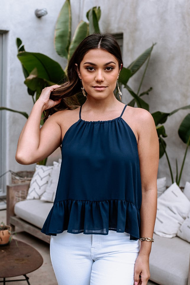 Navy Halter Tie Ruffle Top - FINAL SALE