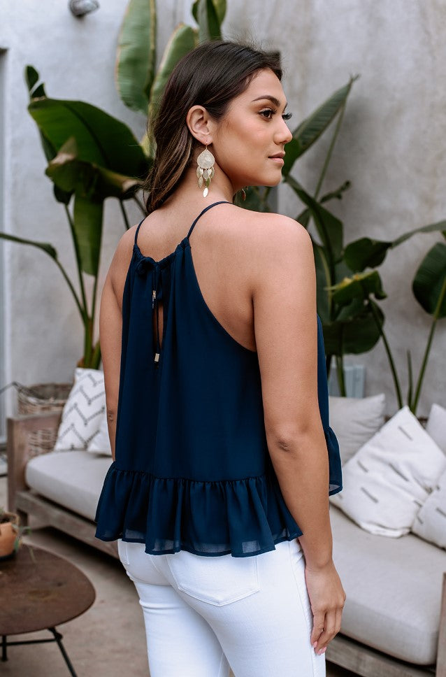 Navy Halter Tie Ruffle Top - FINAL SALE