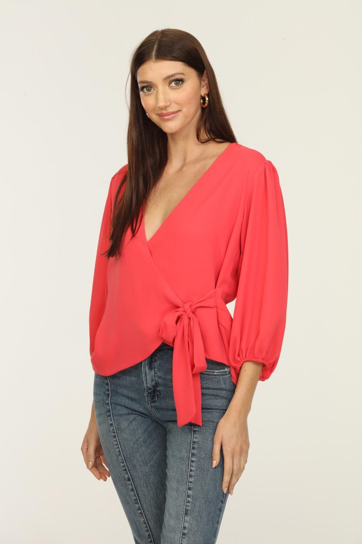 Coral Bubble Sleeve Wrap Blouse-FINAL SALE