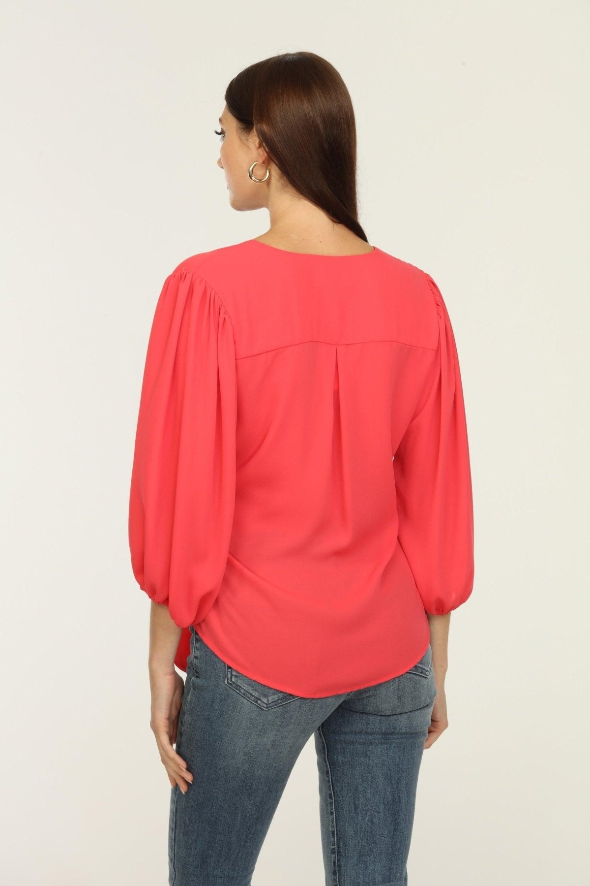 Coral Bubble Sleeve Wrap Blouse-FINAL SALE