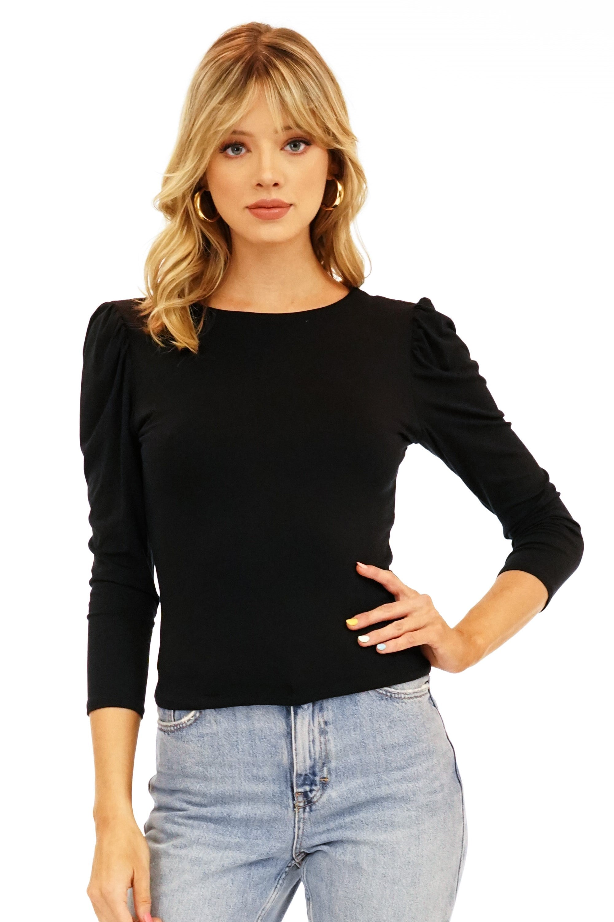 Black Puff Sleeve Jersey Top