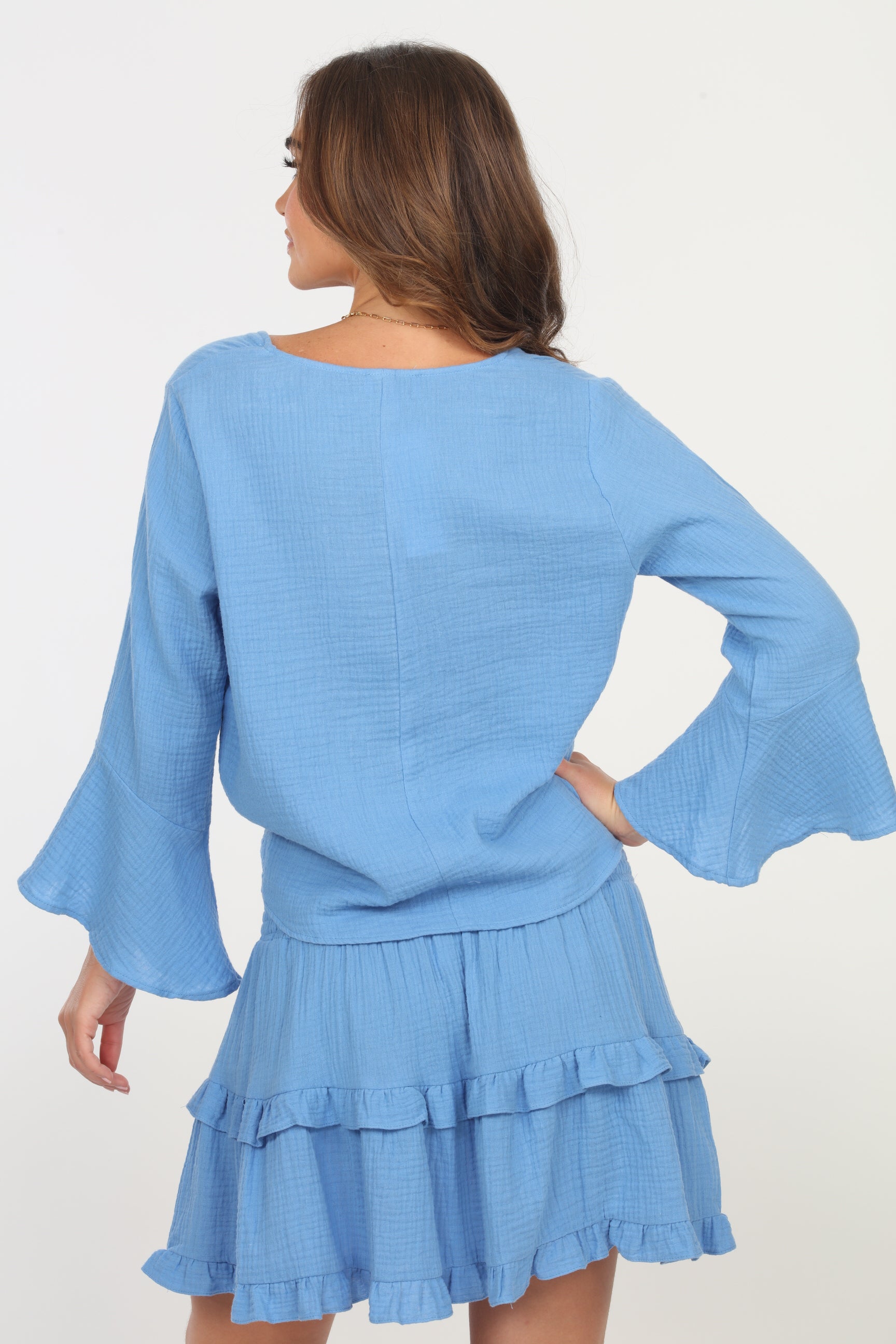 backside of woman in light blue long sleeve blouse and light blue skirt