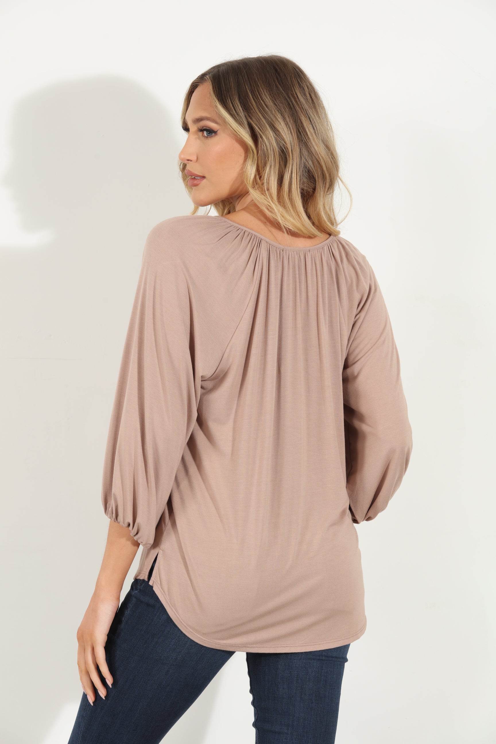 Camel Cupro Stretch Split Neck Top