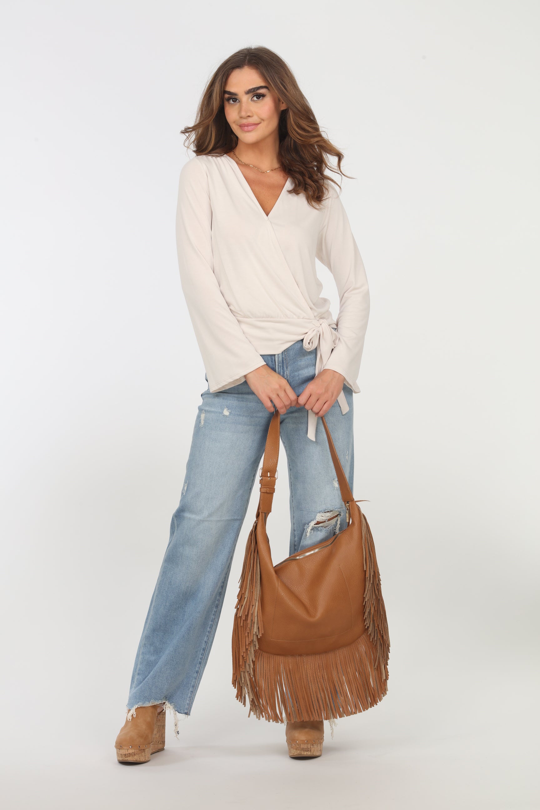 Vanilla Cupro Bell Sleeve Faux Wrap Top- FINAL SALE