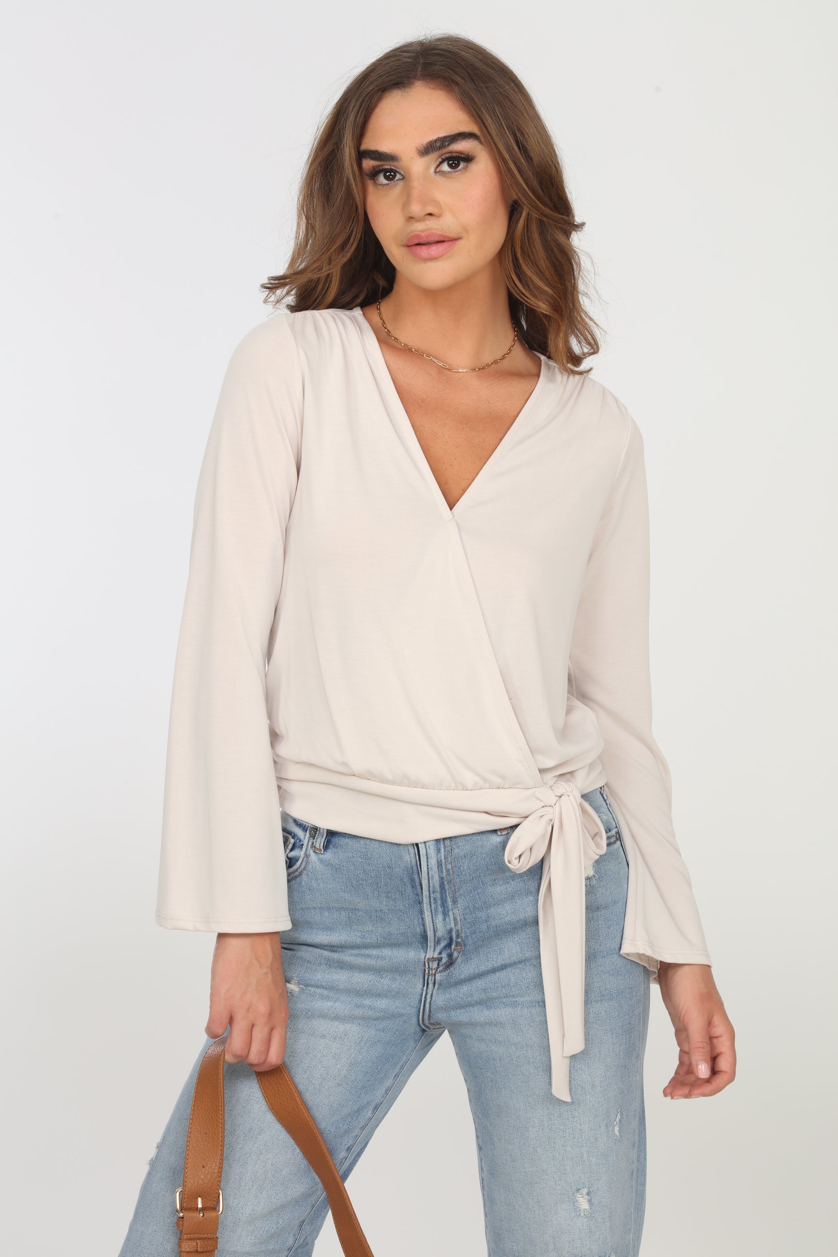 Vanilla Cupro Bell Sleeve Faux Wrap Top- FINAL SALE