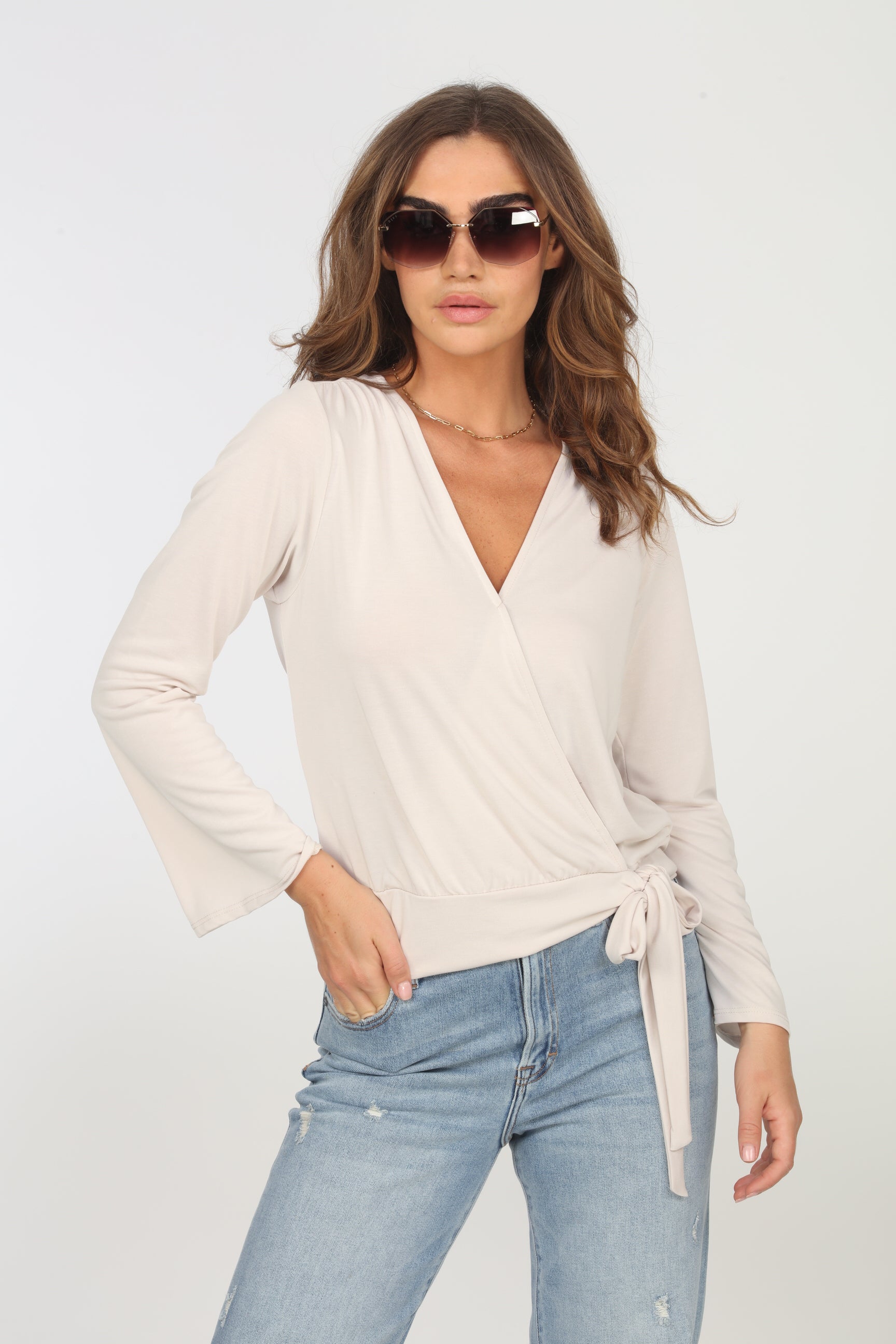 Vanilla Cupro Bell Sleeve Faux Wrap Top- FINAL SALE