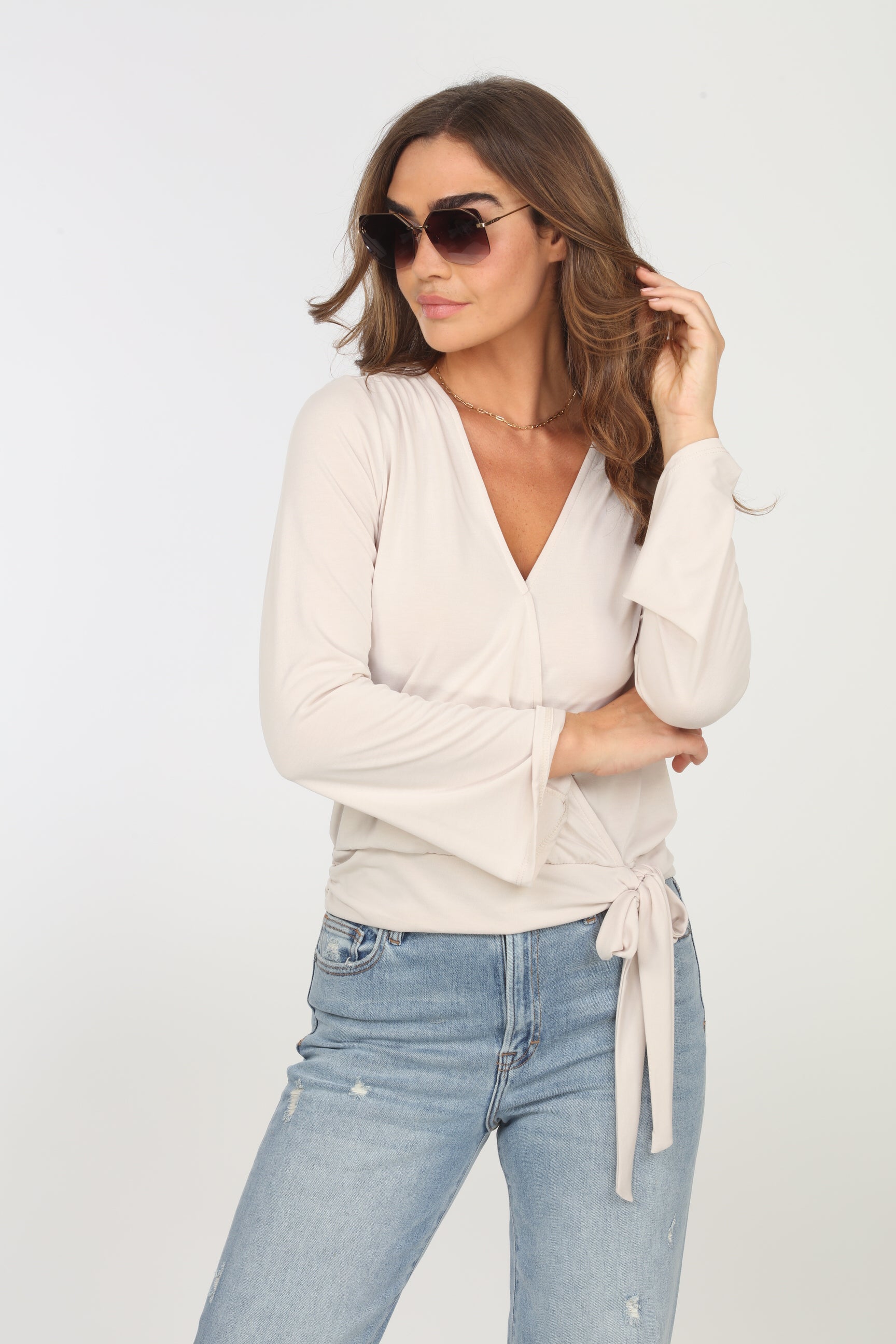 Vanilla Cupro Bell Sleeve Faux Wrap Top- FINAL SALE