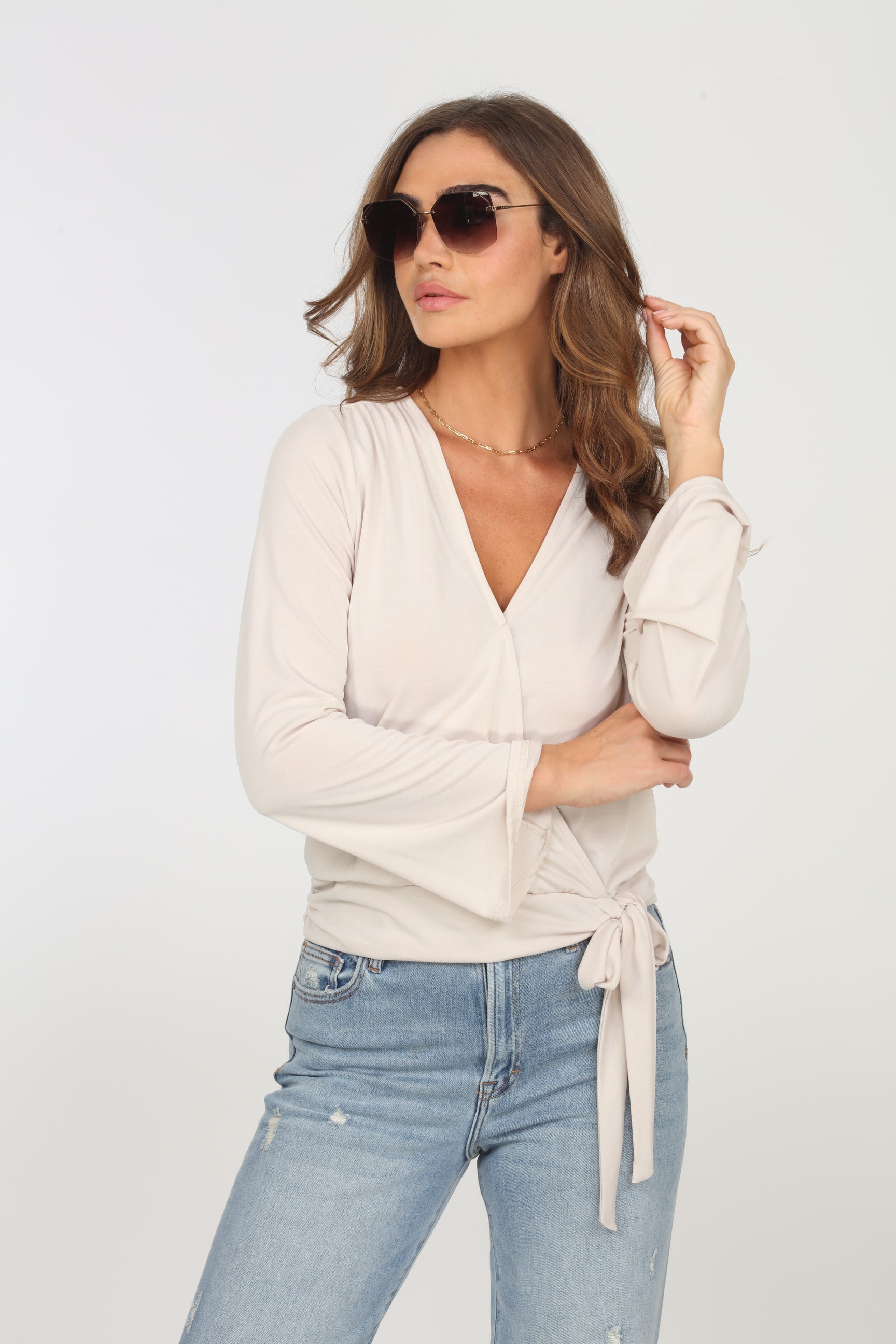 Vanilla Cupro Bell Sleeve Faux Wrap Top- FINAL SALE