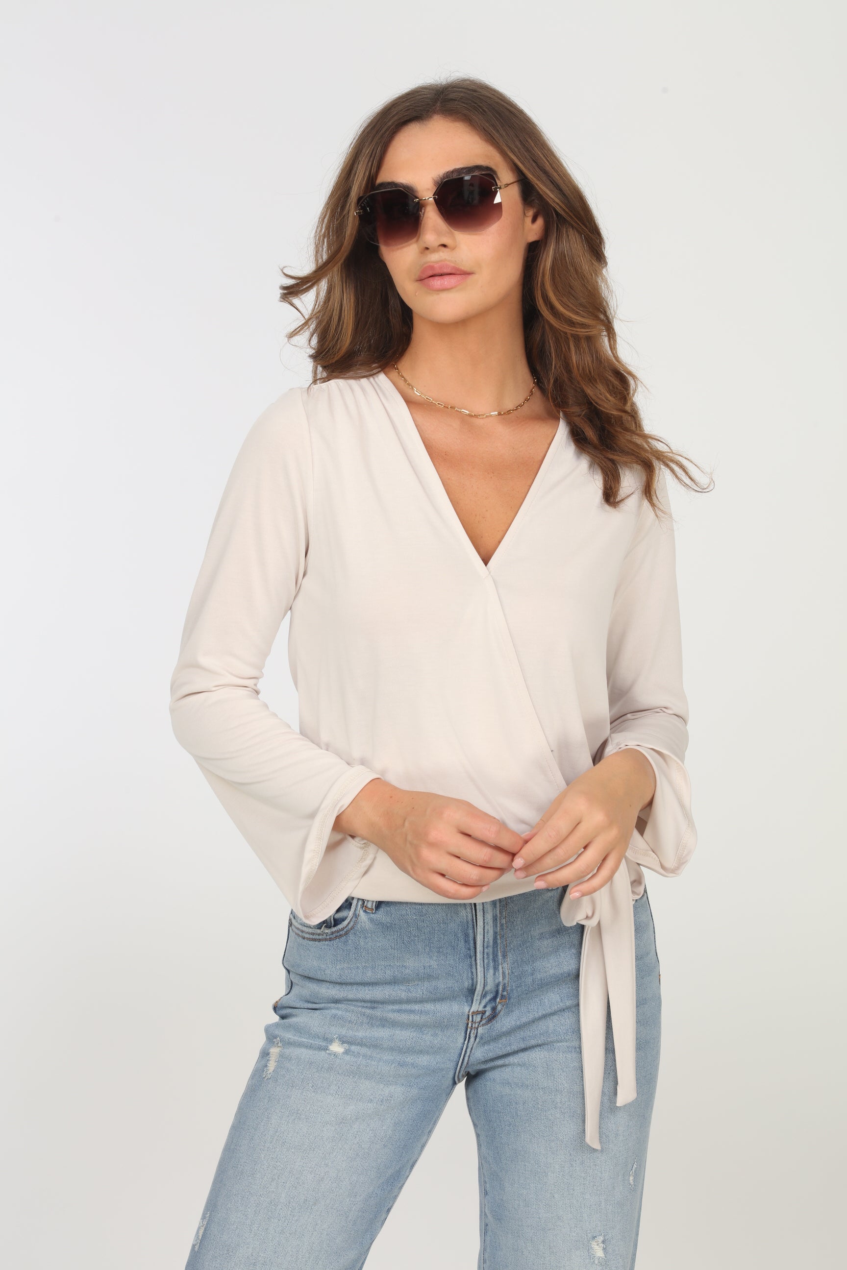 Vanilla Cupro Bell Sleeve Faux Wrap Top- FINAL SALE
