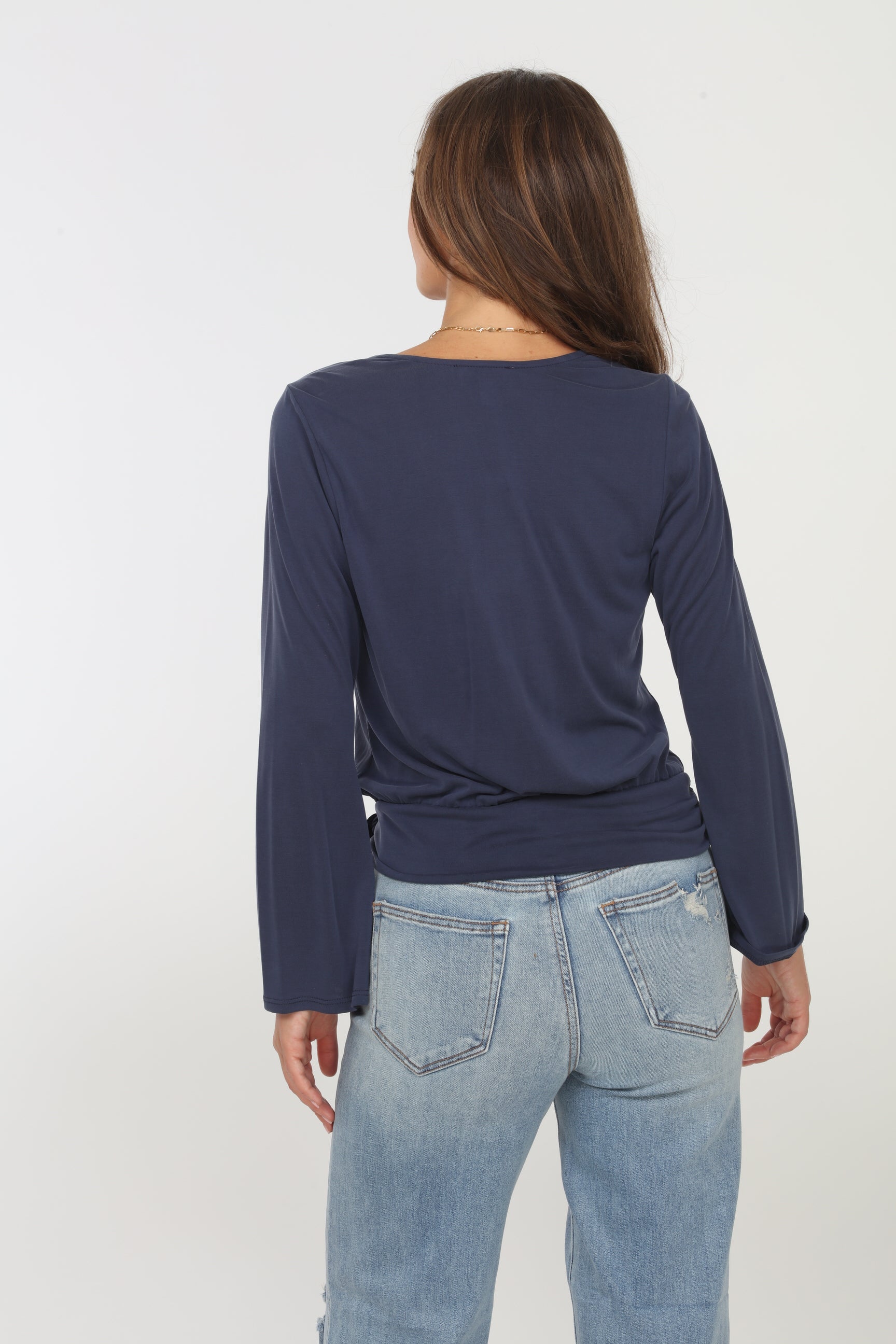 Navy Cupro Bell Sleeve Faux Wrap Top-FINAL SALE
