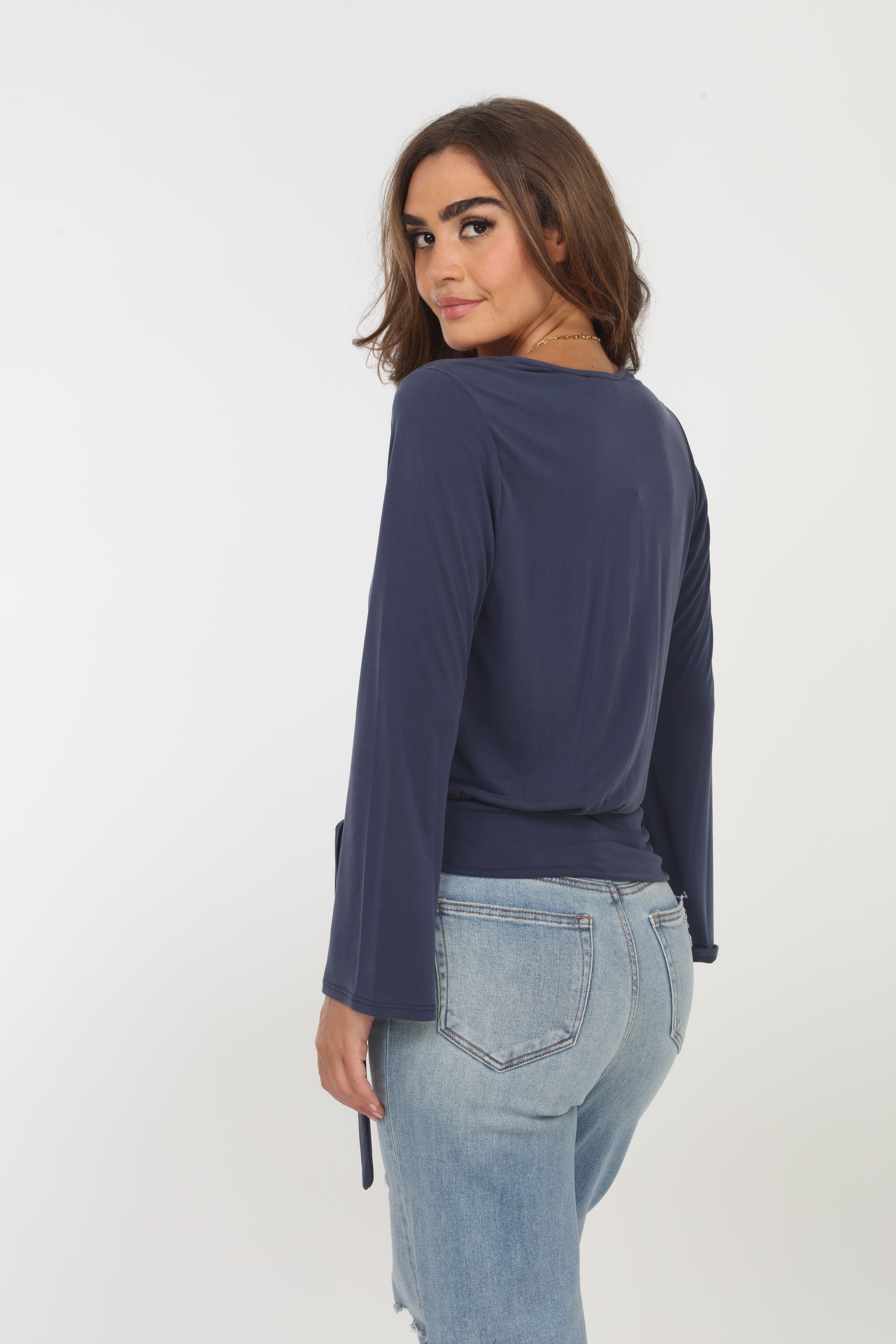 Navy Cupro Bell Sleeve Faux Wrap Top-FINAL SALE