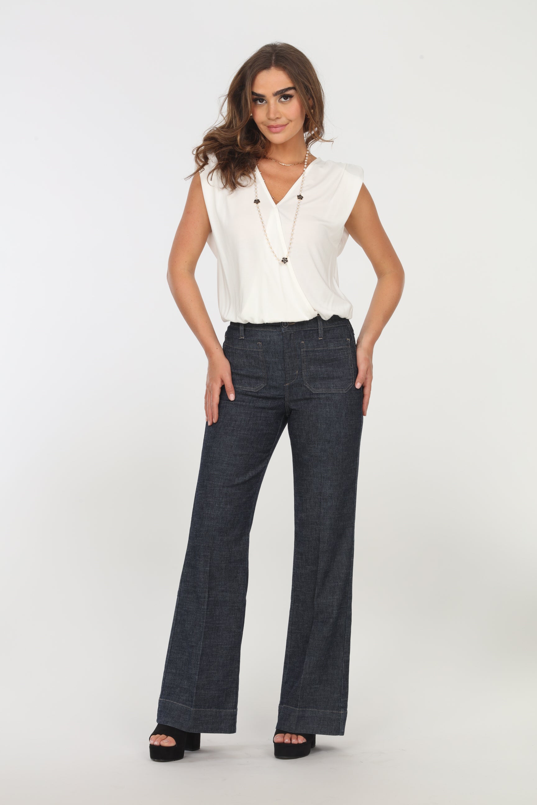 Vanilla Cupro Surplice Top with Shoulder Pads