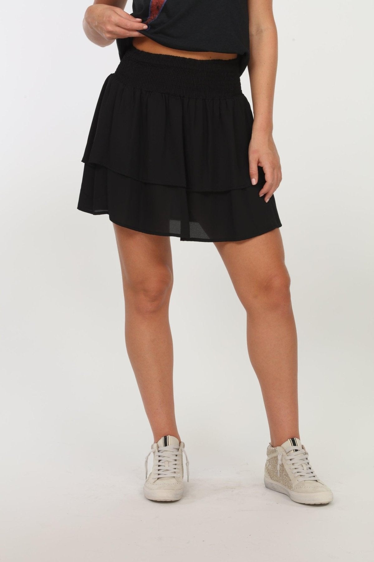 Black Woven Ruffle Smocked Skirt