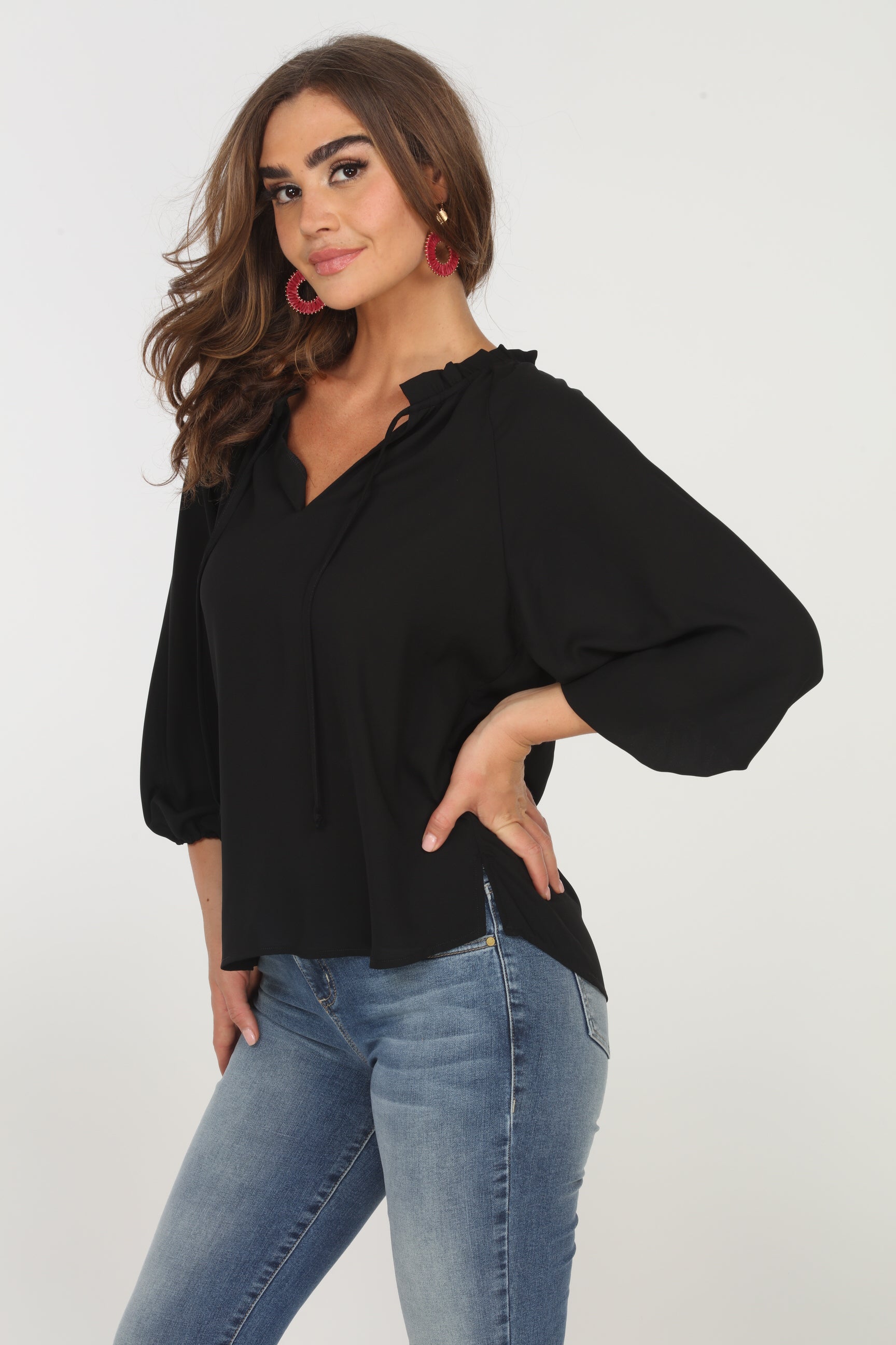 Black Split-Neck Blouse - BEST SELLER