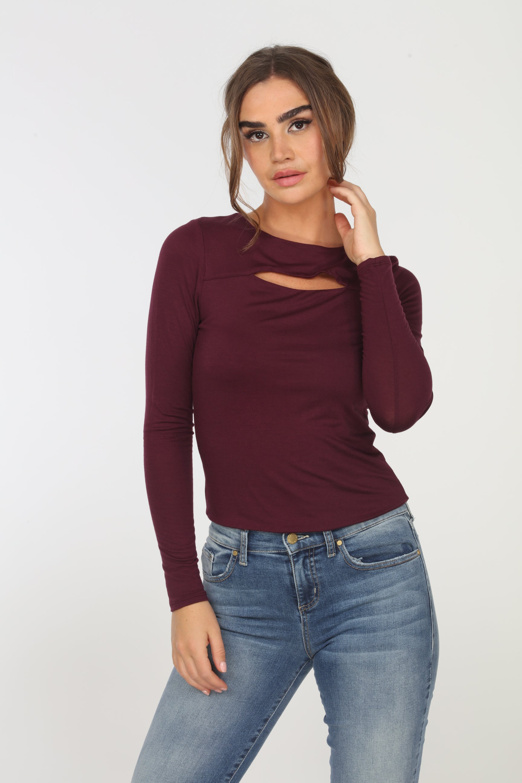 Plum Long Sleeve Cut Out Top-FINAL SALE