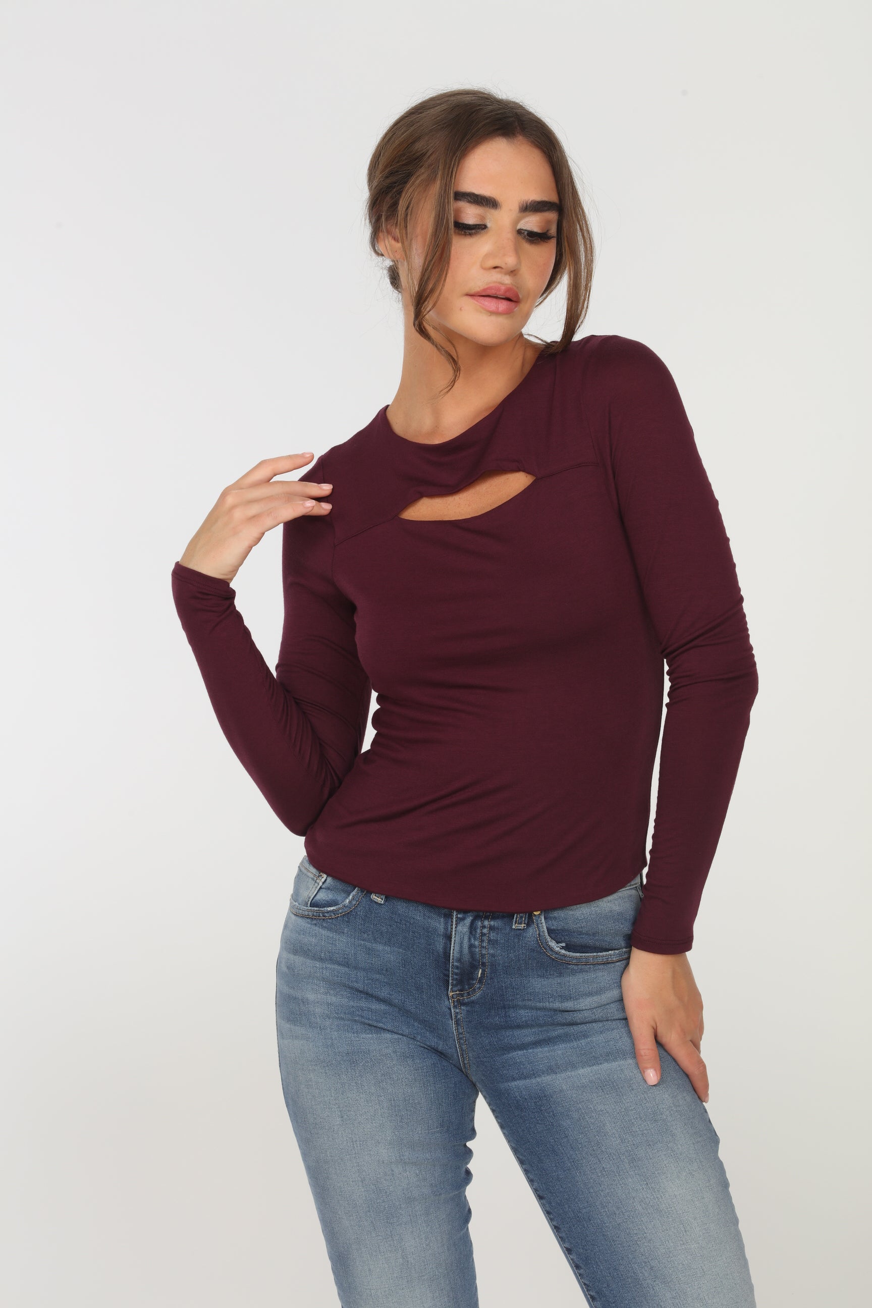 Plum Long Sleeve Cut Out Top-FINAL SALE
