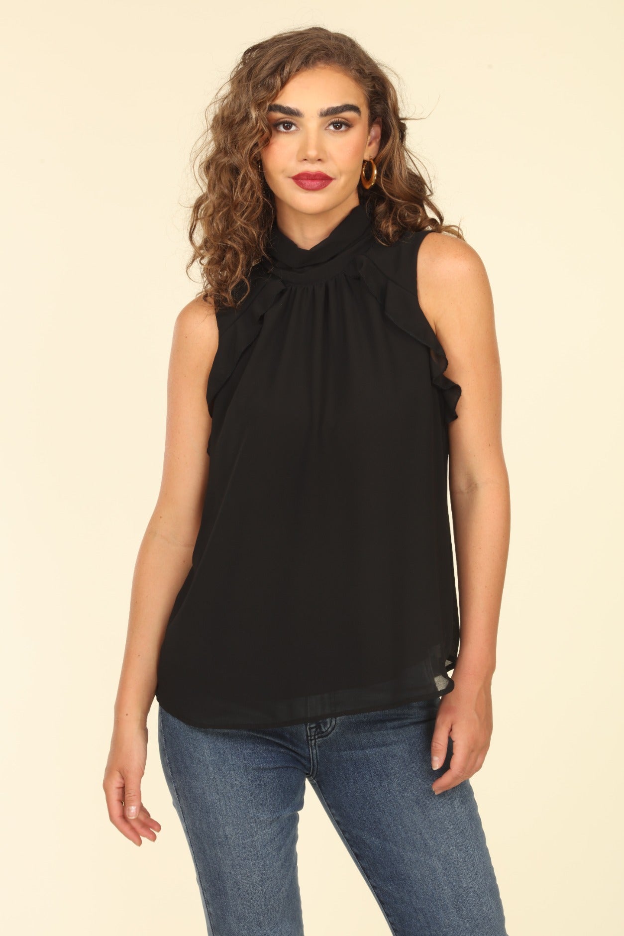 Black Hi-Neck Ruffle Chiffon Top- FINAL SALE