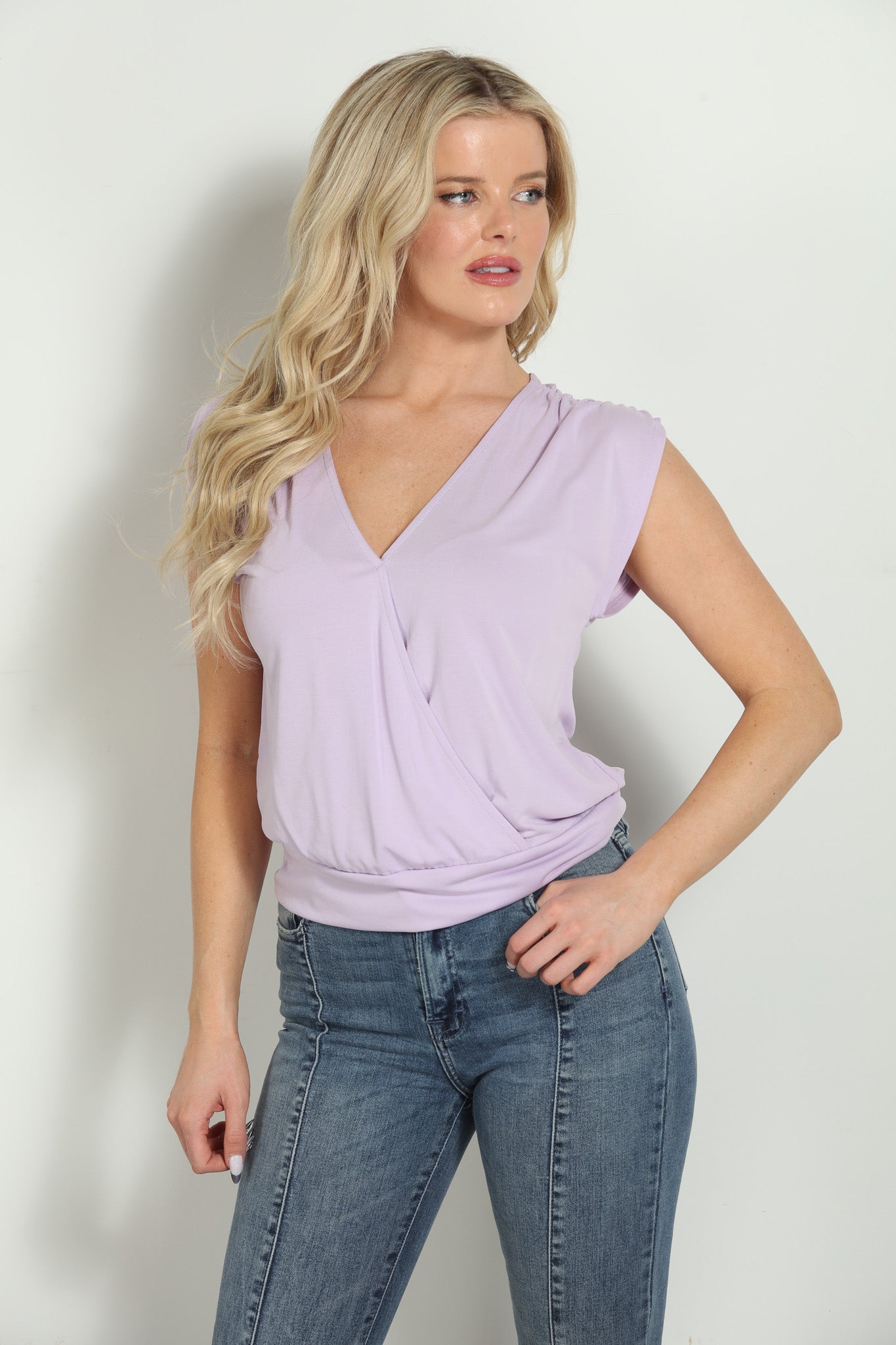 Lilac Cupro Shirred Shoulder Blouse-FINAL SALE