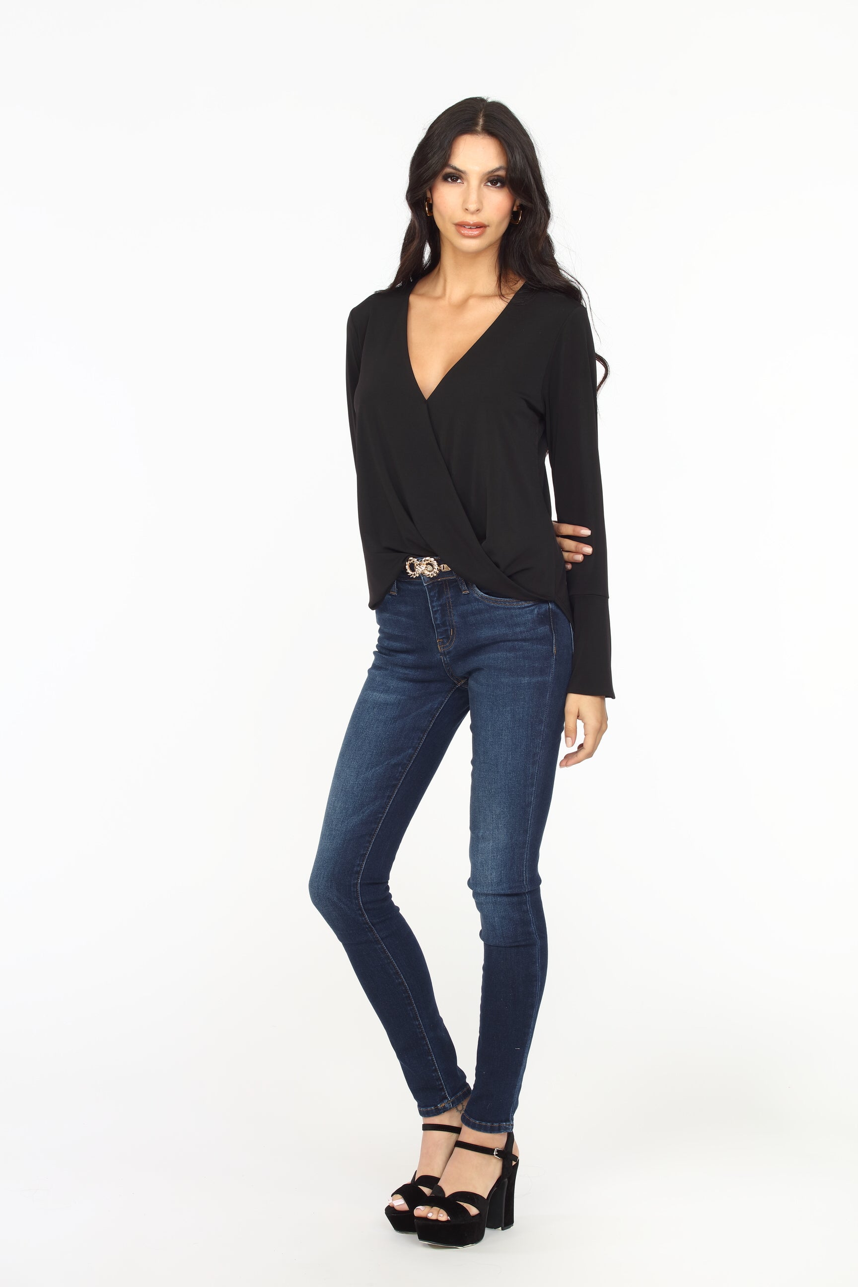 Black Surplice Bell Sleeve Top - BEST SELLER