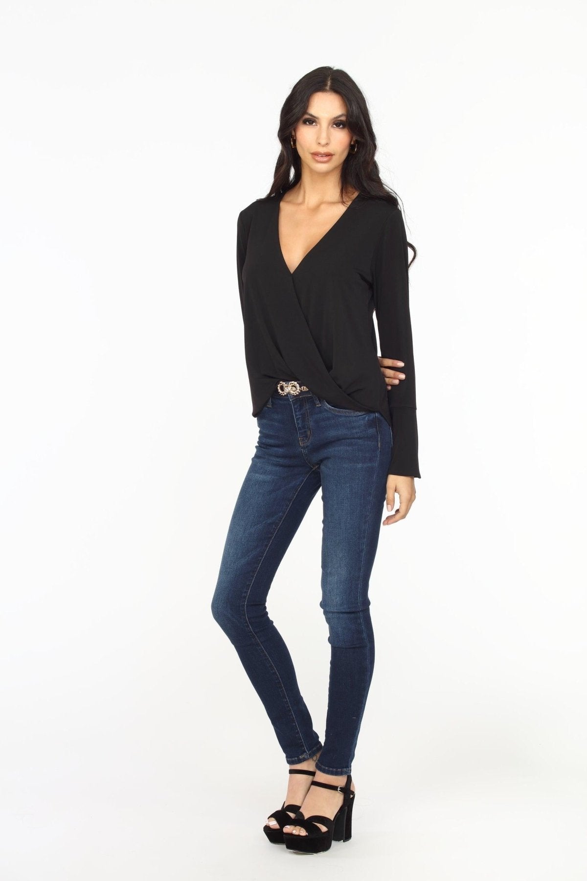 Black ITY Surplice Bell Sleeve Top - BEST SELLER