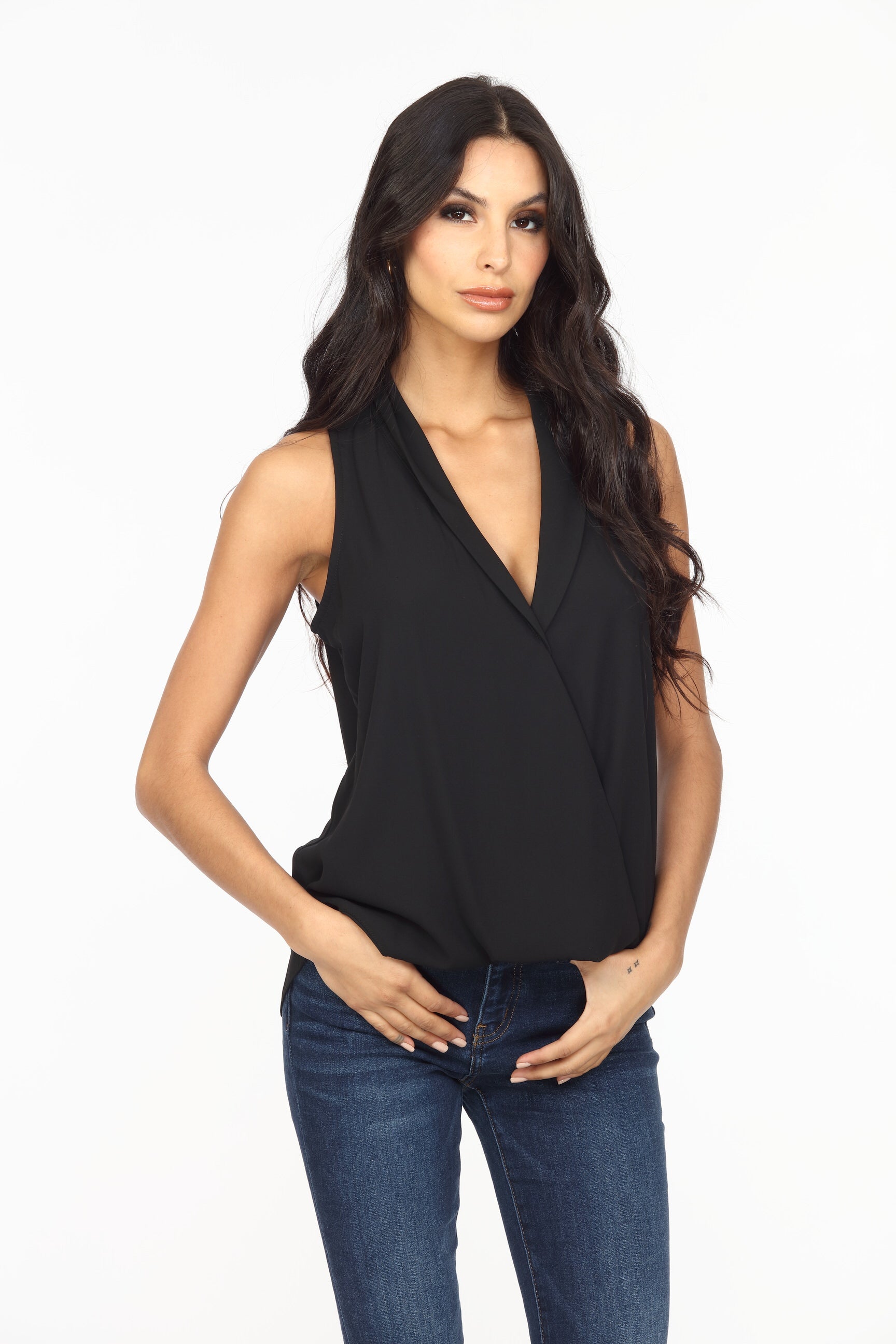 Onyx Sleeveless Surplice Collar Top