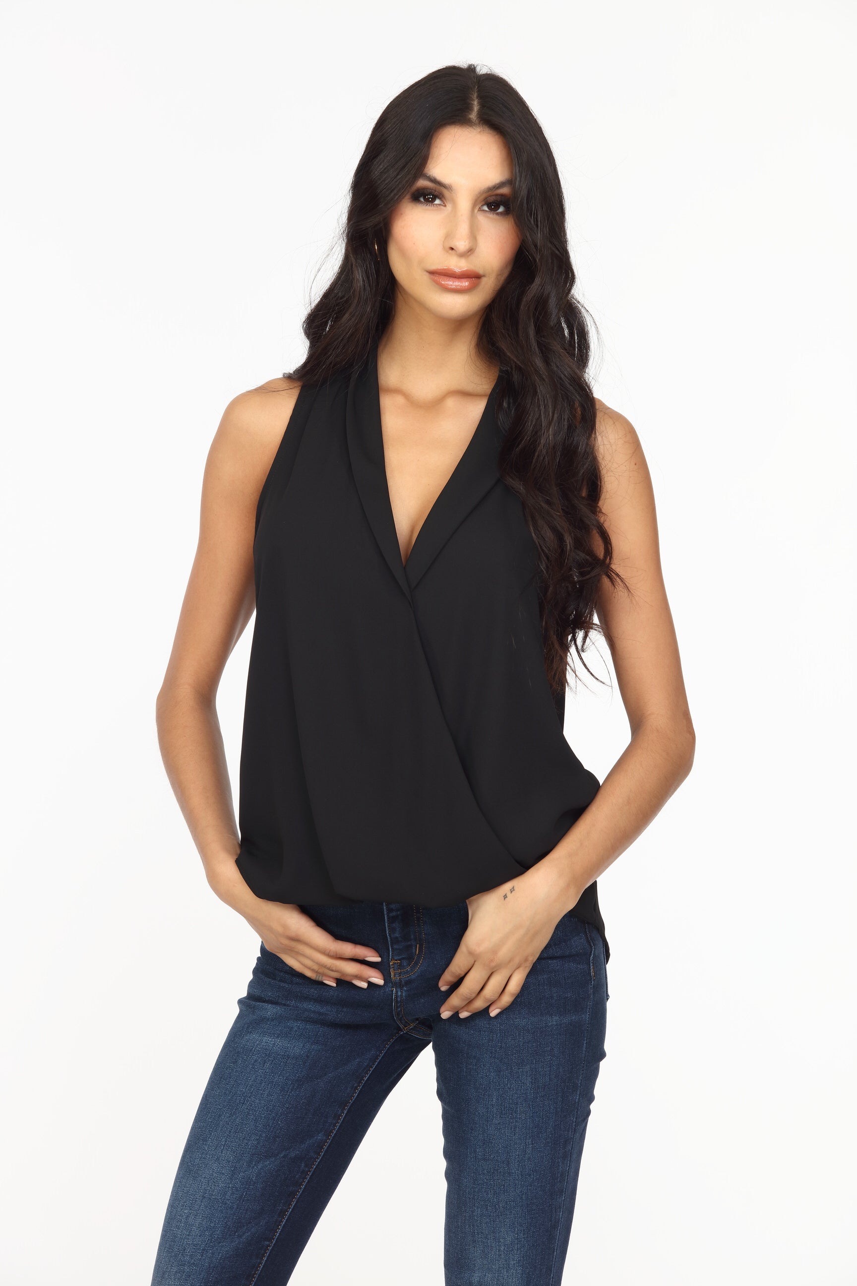 Onyx Sleeveless Surplice Collar Top