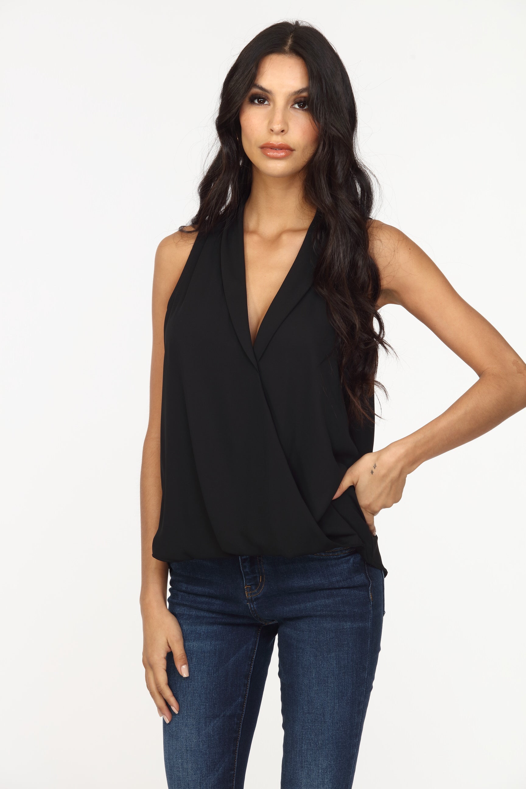 Onyx Sleeveless Surplice Collar Top