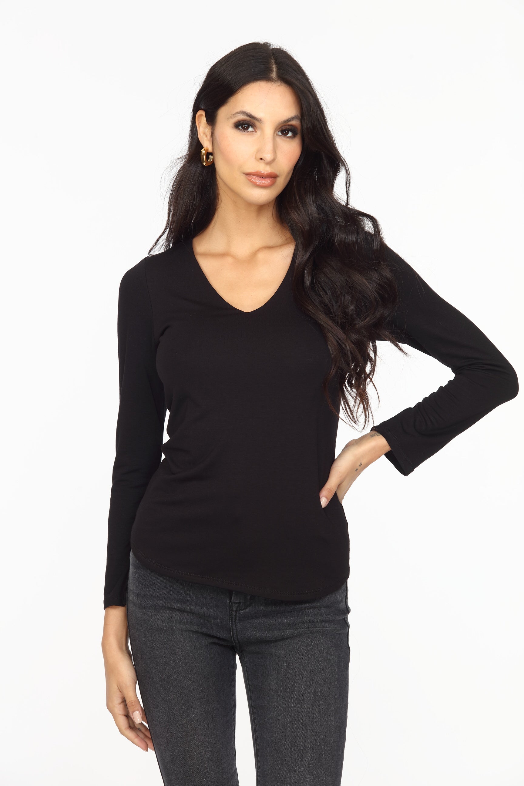 Black Lined V-Neck Long Sleeve Top-FINAL SALE