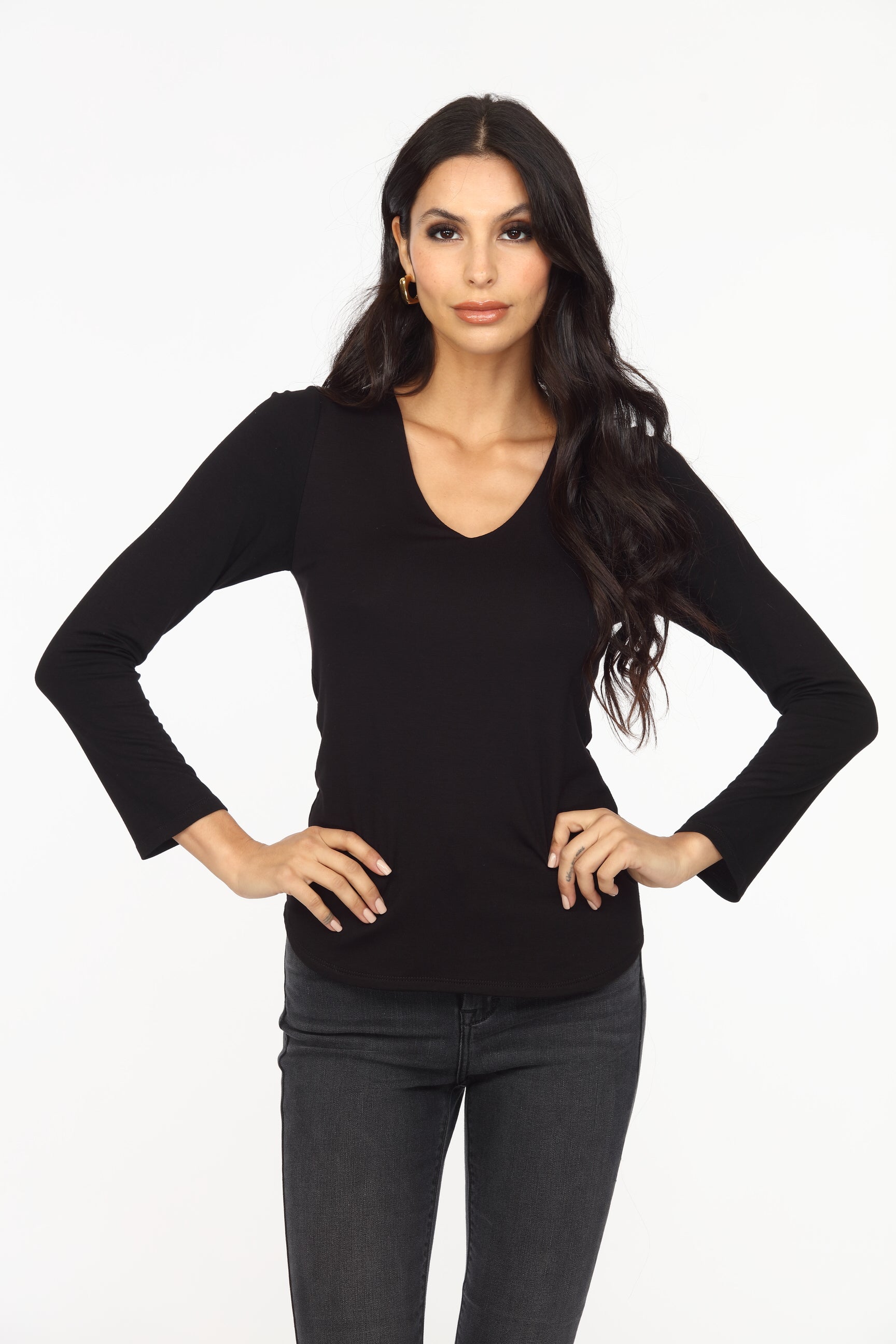 Black Lined V-Neck Long Sleeve Top-FINAL SALE