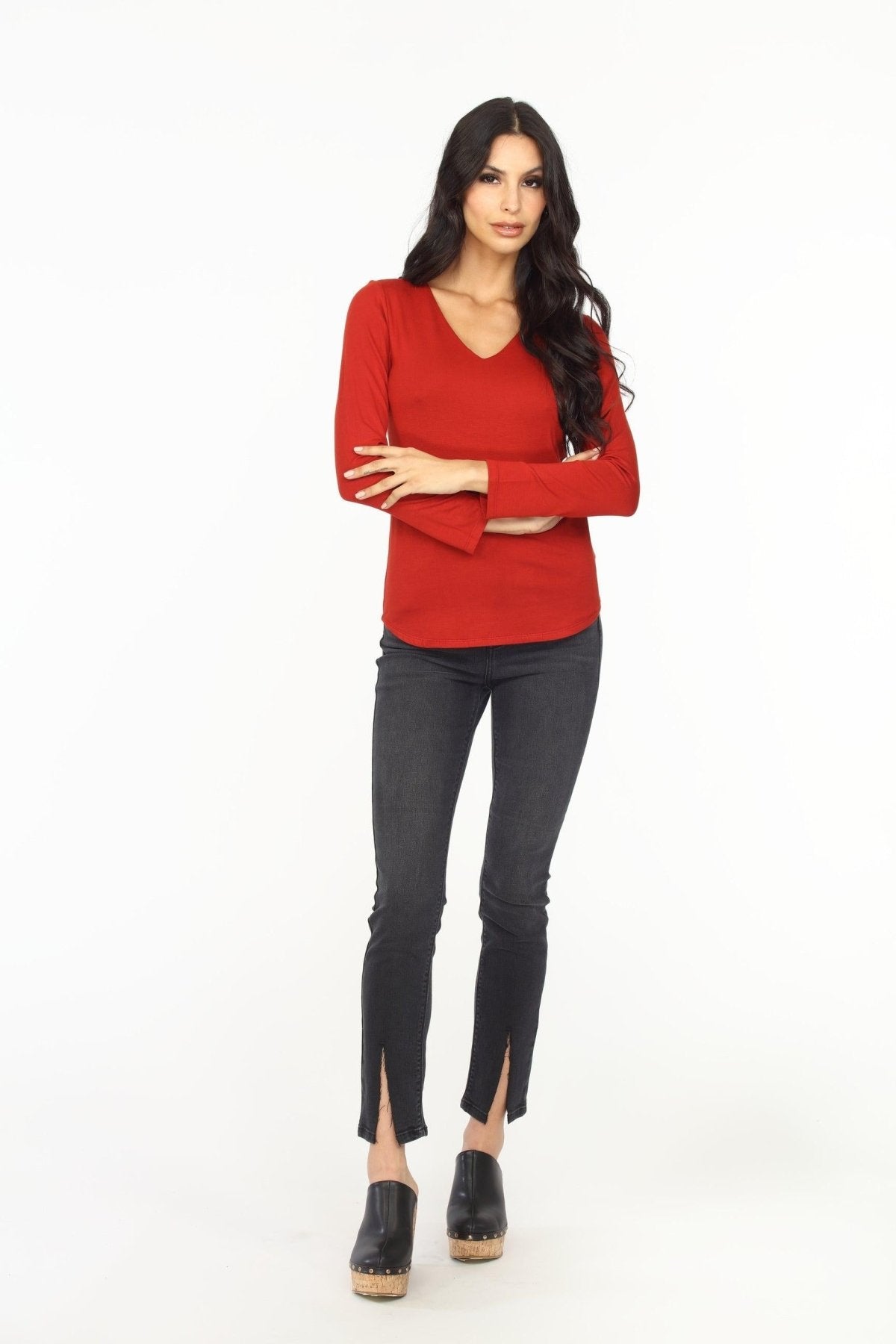 Brick Lined V-Neck Long Sleeve Top-FINAL SALE