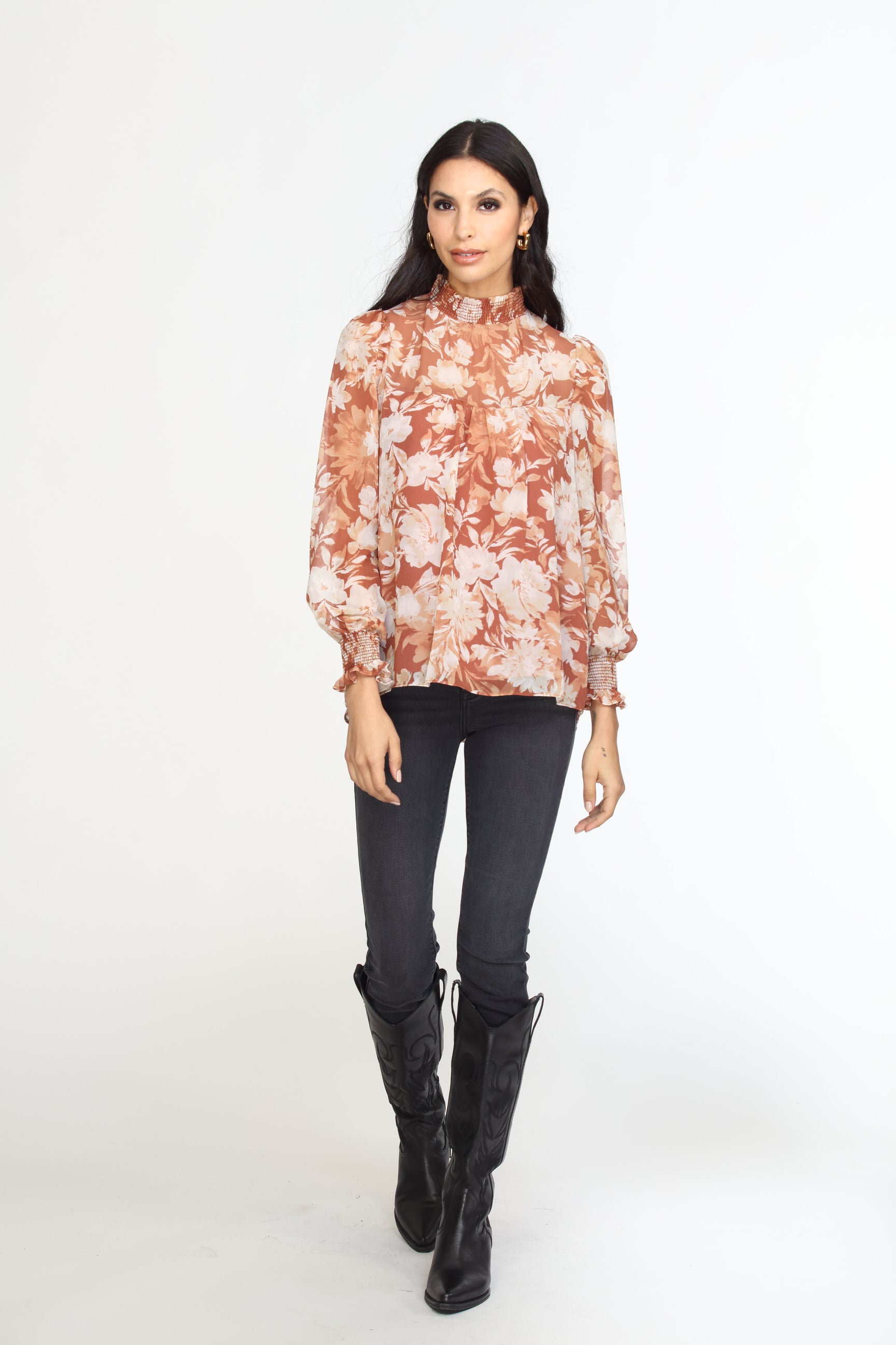 Marlie Smocked Neck Chiffon Blouse-FINAL SALE