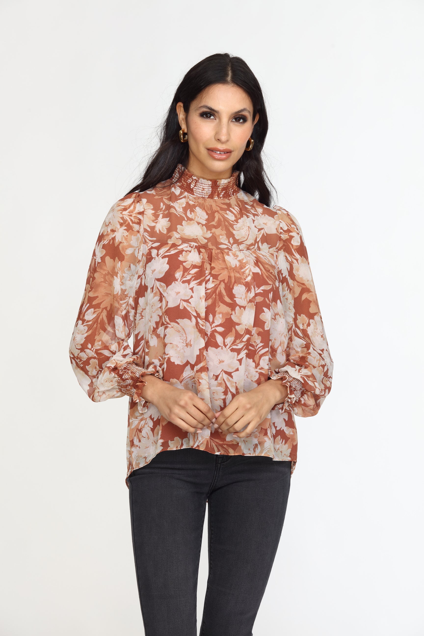 Marlie Smocked Neck Chiffon Blouse-FINAL SALE