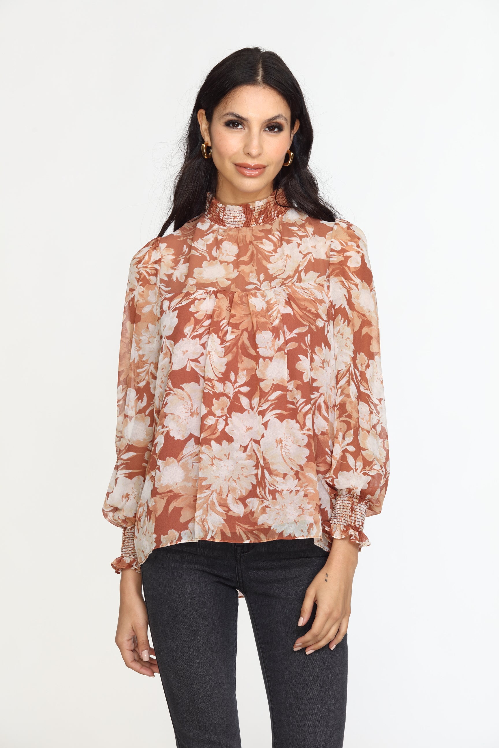 Marlie Smocked Neck Chiffon Blouse-FINAL SALE